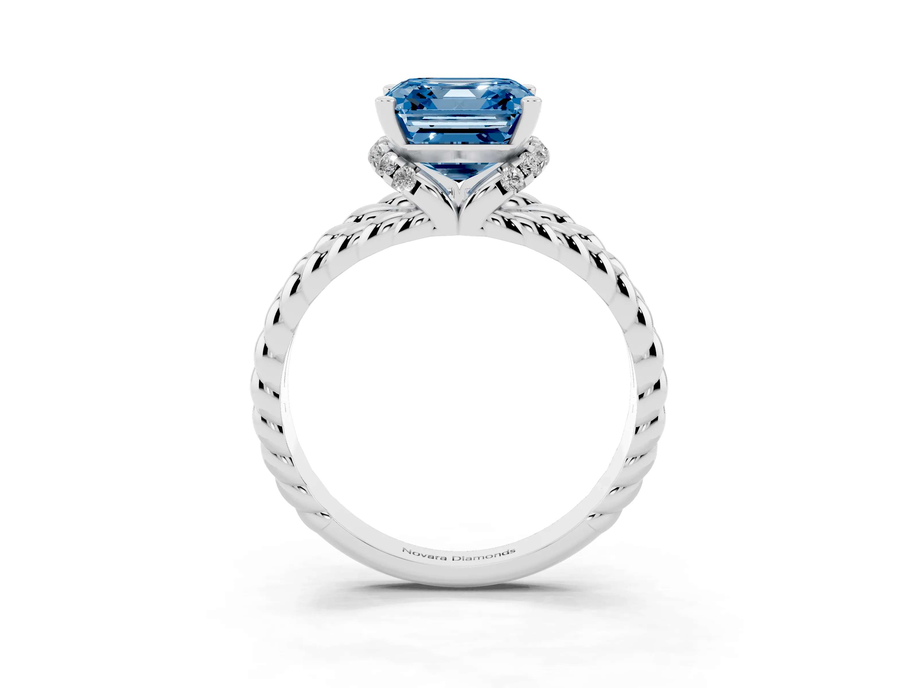 Fancy Blue Asscher Cut Diamond Halo Ring Set in White gold with Twisted Band and Prong Setting