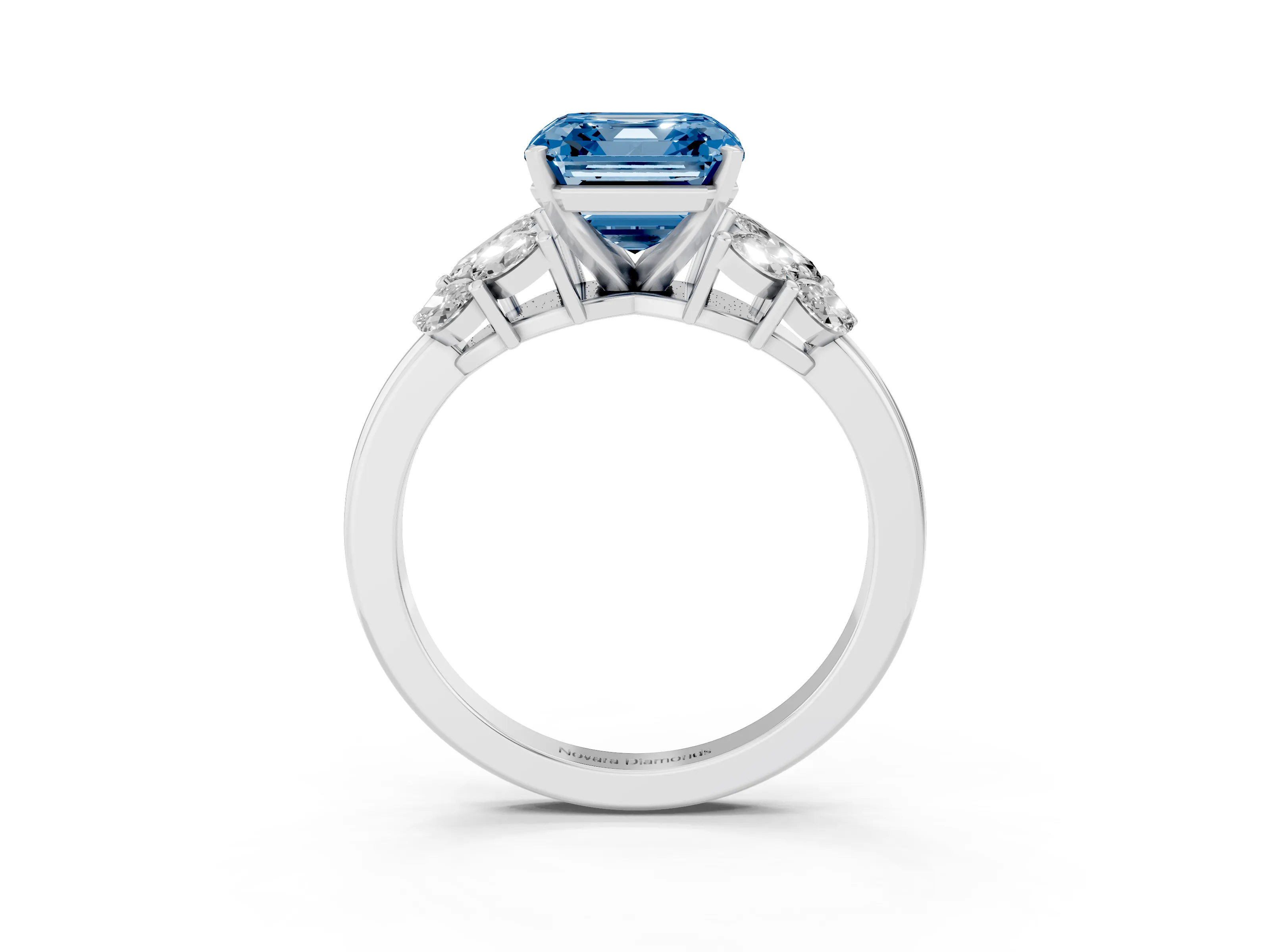 Fancy Blue Asscher Cut Diamond Cluster Leaf Design Ring Set in White gold with Prong Setting