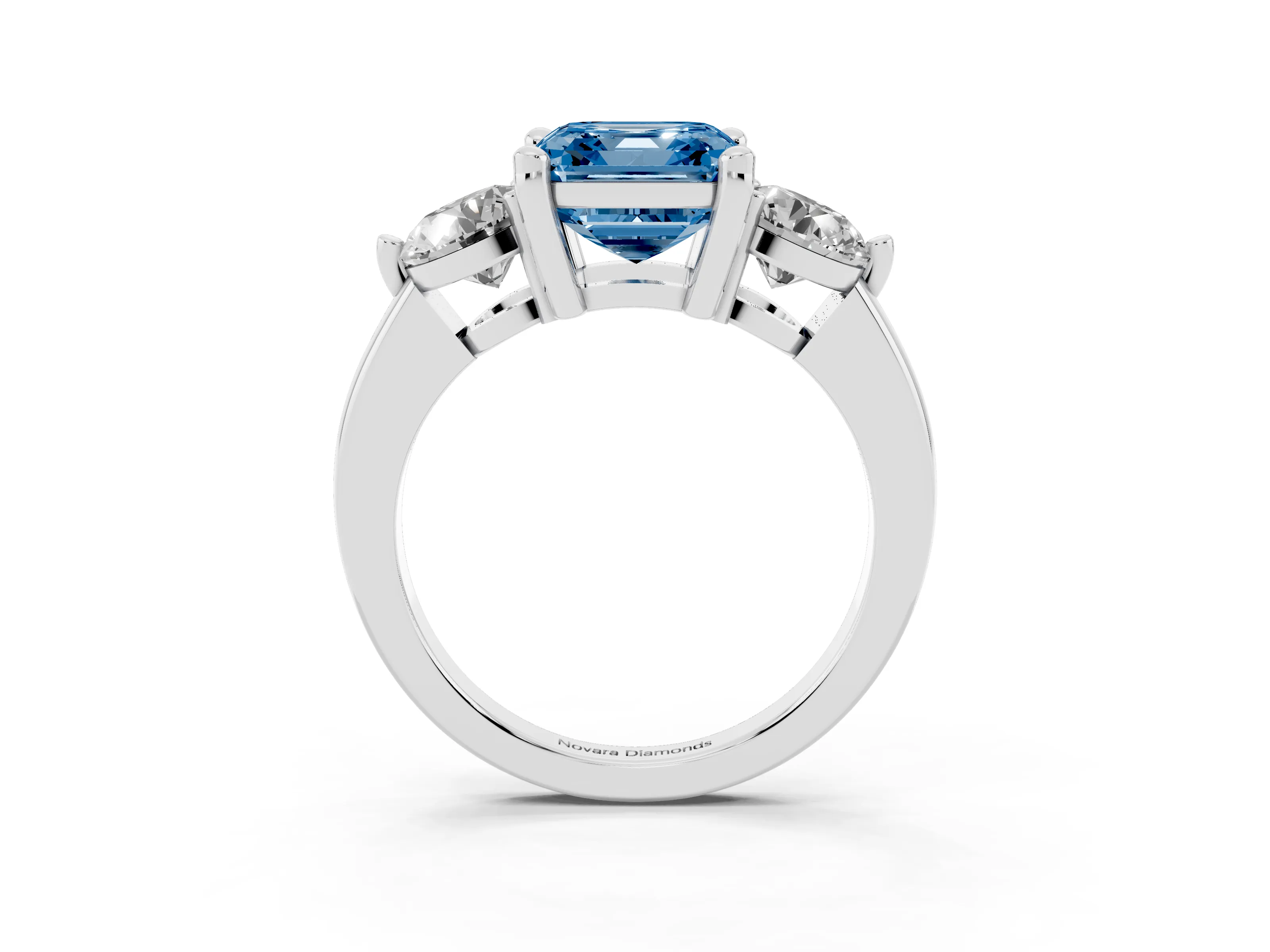 Fancy Blue Asscher Cut Diamond Three-Stone Ring Set in Silver with Prong Setting and Classic Band