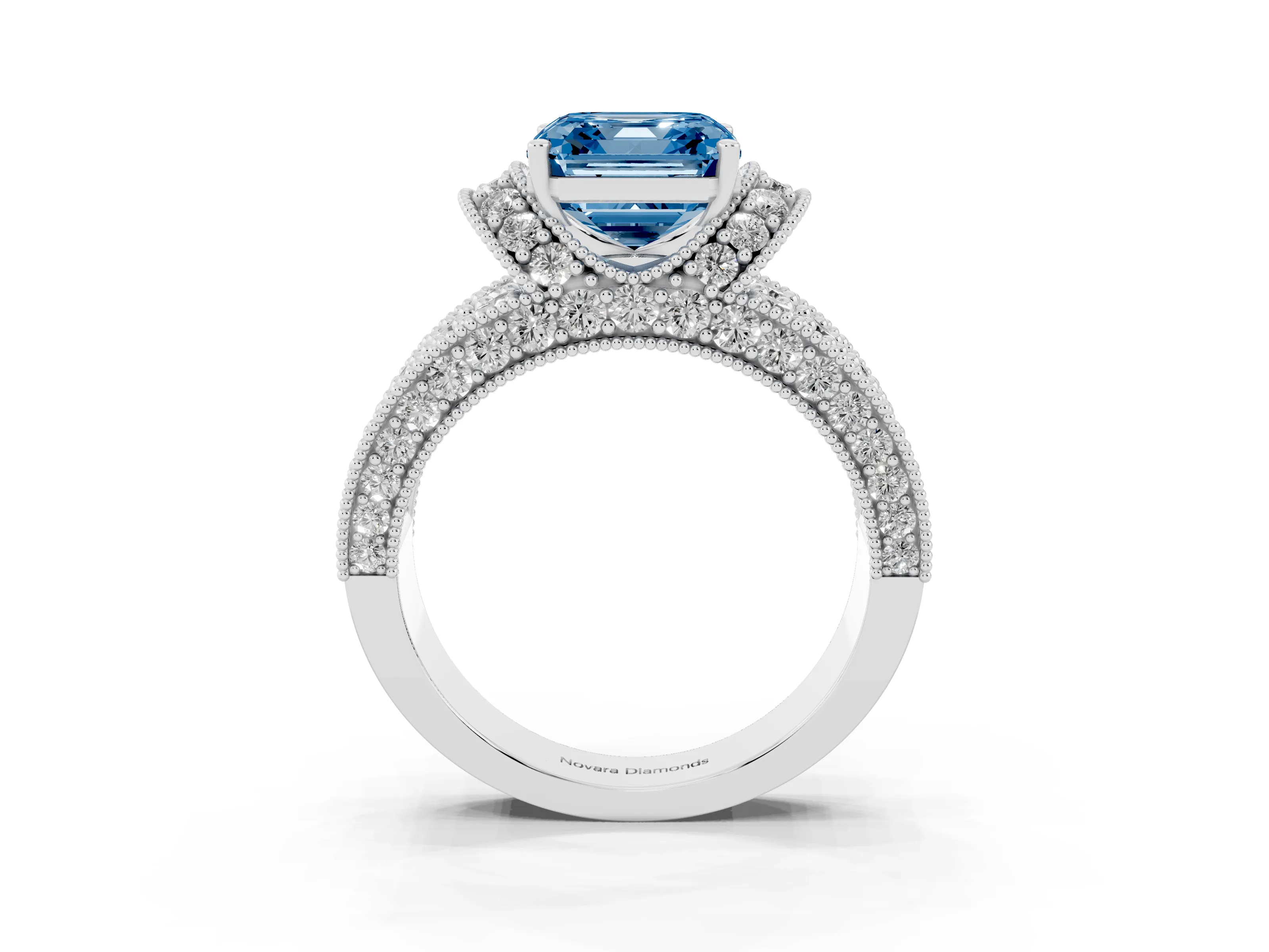 Fancy Blue Asscher Cut Diamond Milgrain Halo Pavé Engagement Ring Set in Silver with Prong Setting