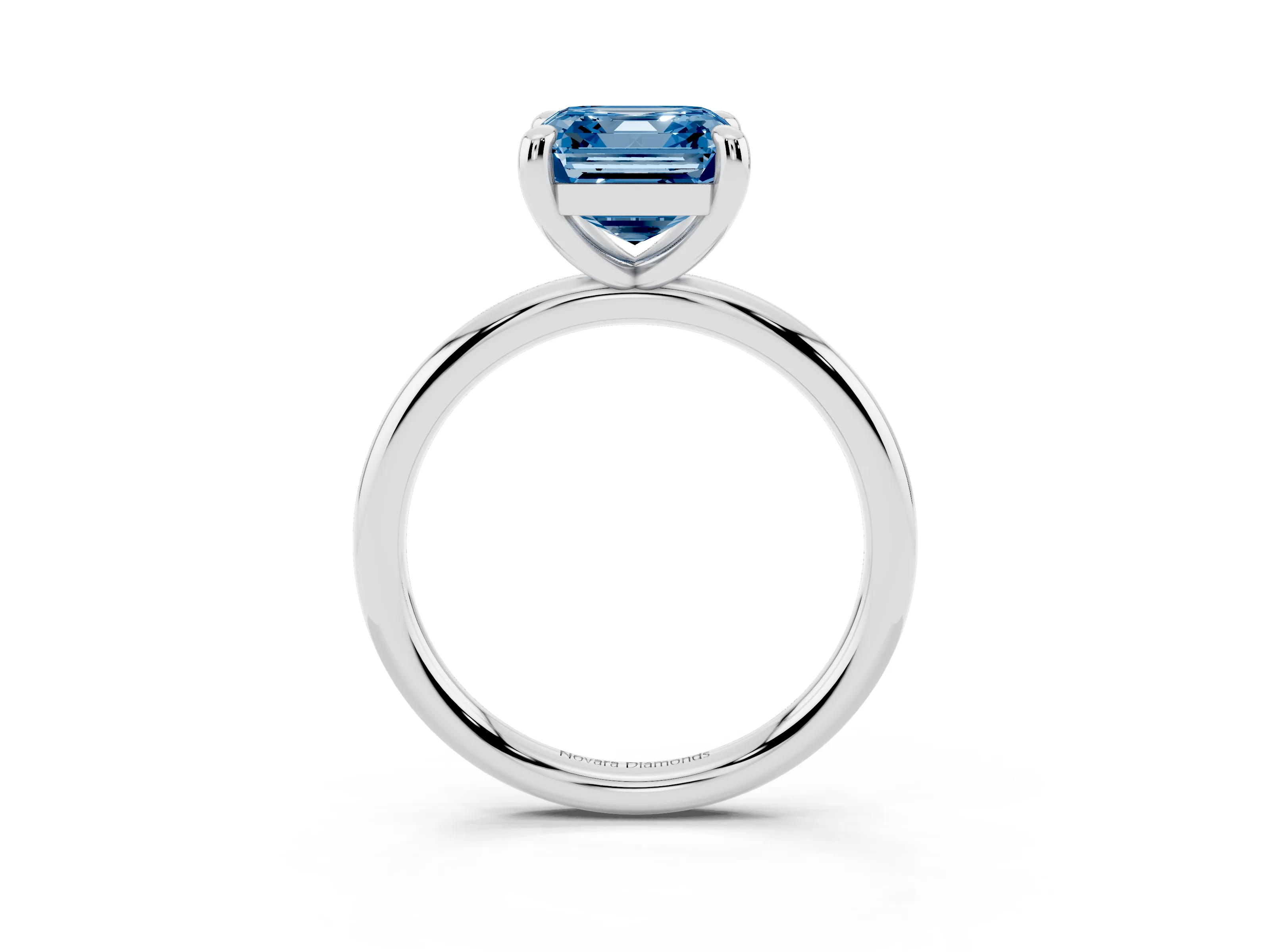 Fancy Blue Asscher Cut Diamond Solitaire Ring Set in White gold with Prong Setting on a Polished Plain Band