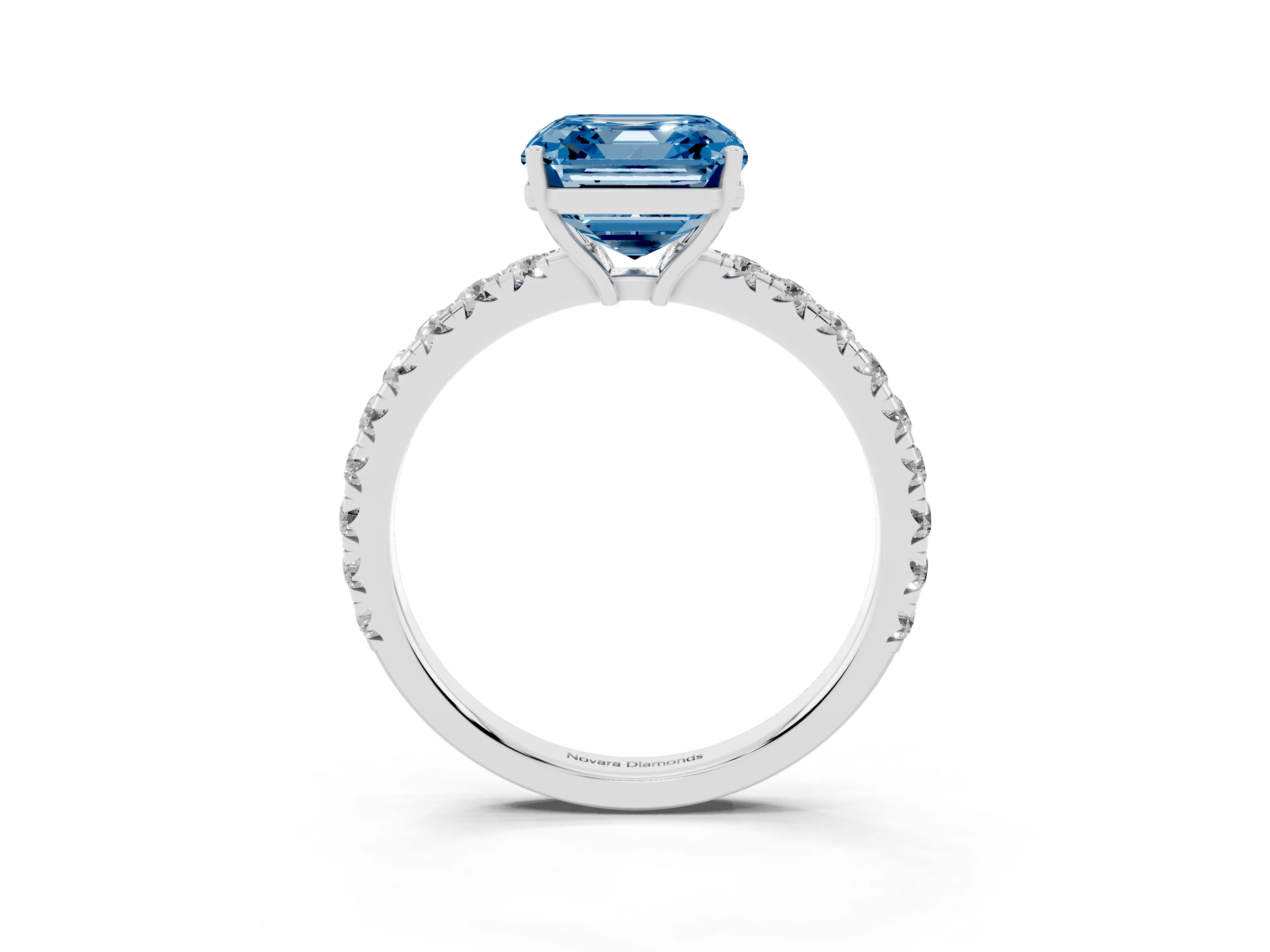 Fancy Blue Asscher Cut Diamond Pavé Solitaire Engagement Ring Set in Silver with Prong Setting