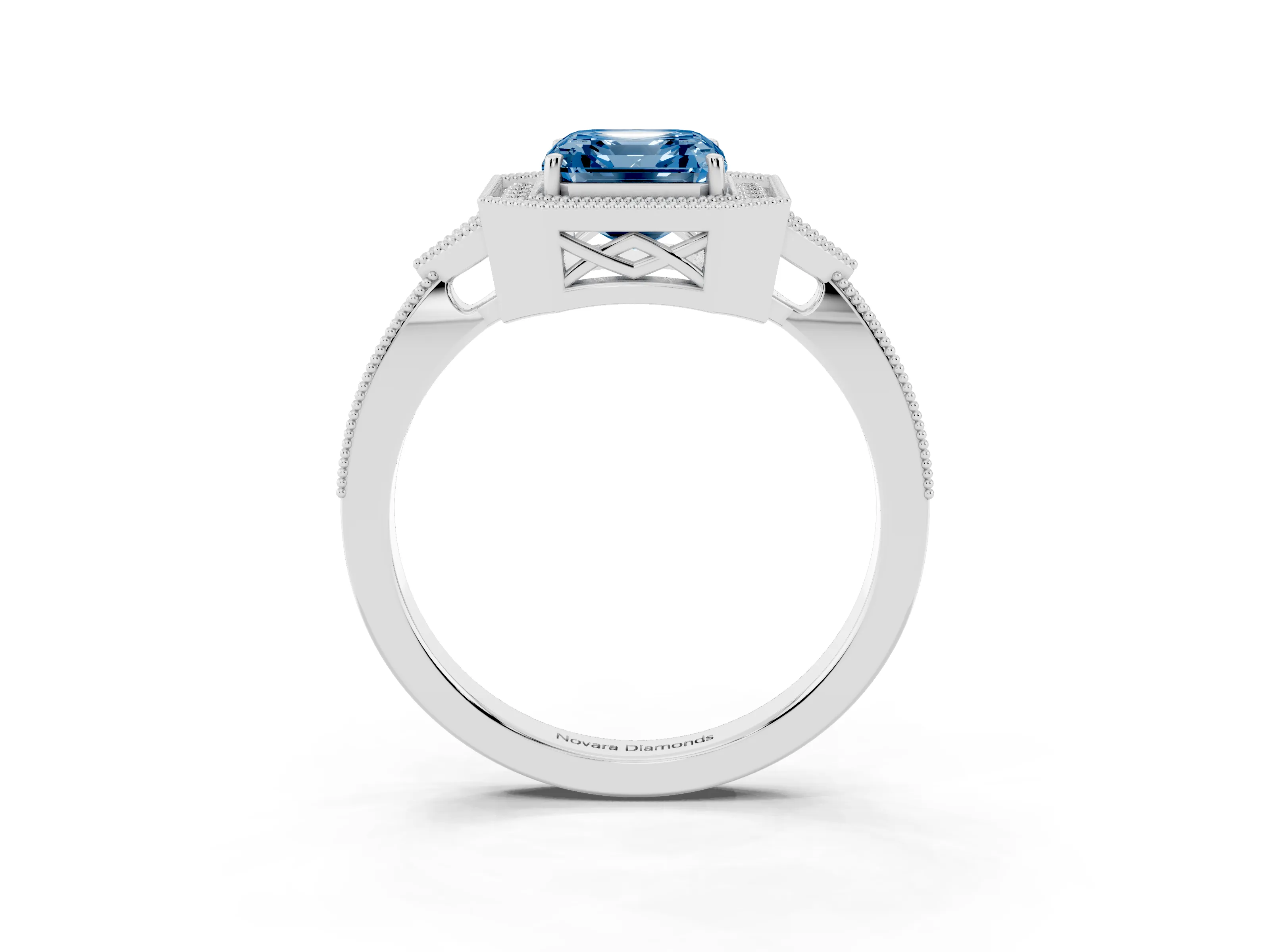 Fancy Blue Asscher Cut Diamond Halo Engagement Ring Set in White gold with Milgrain Pavé Band