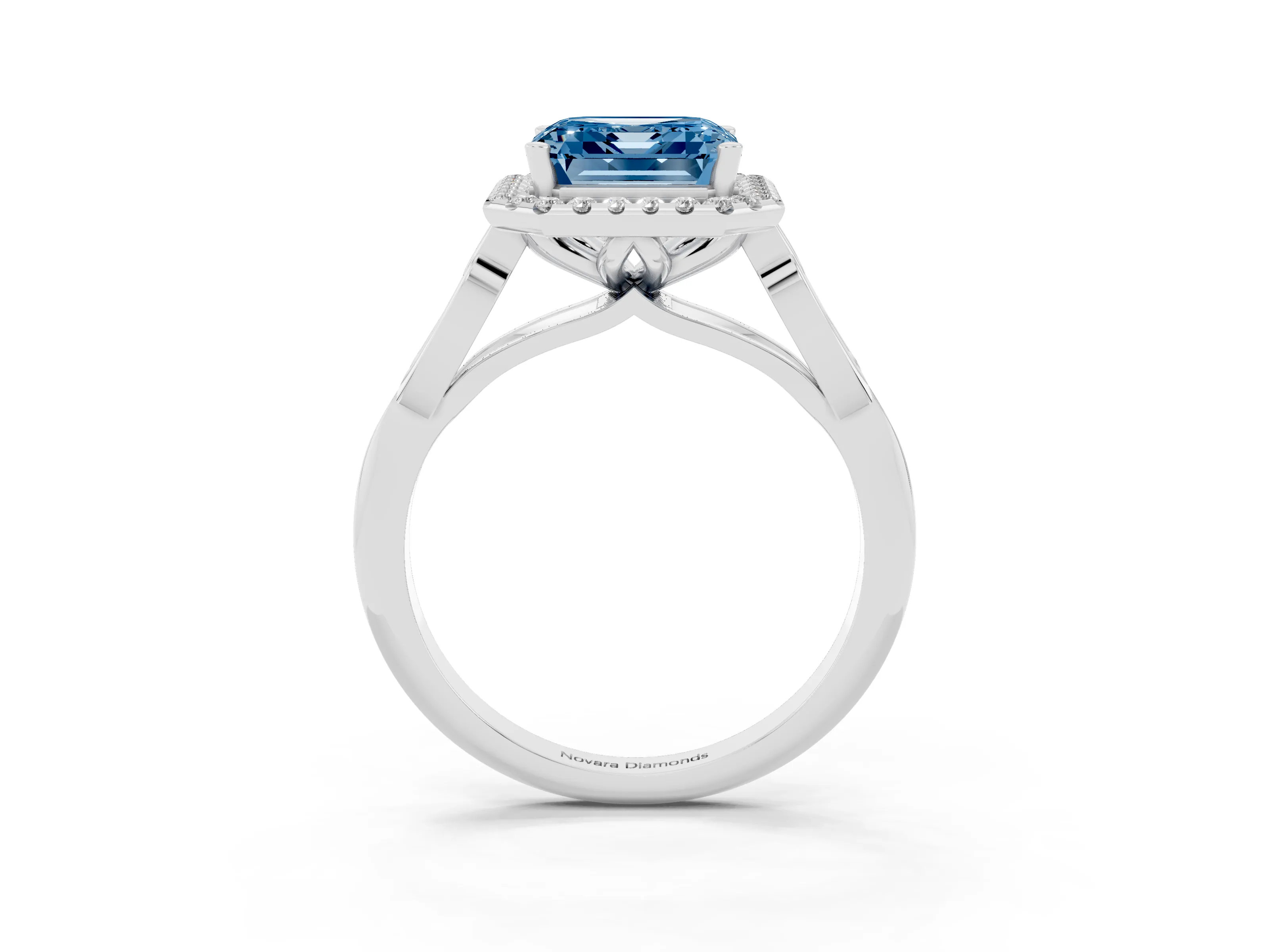 Fancy Blue Asscher Cut Diamond Halo Engagement Ring Set in Platinum with Filigree Band and Prong-Set Center