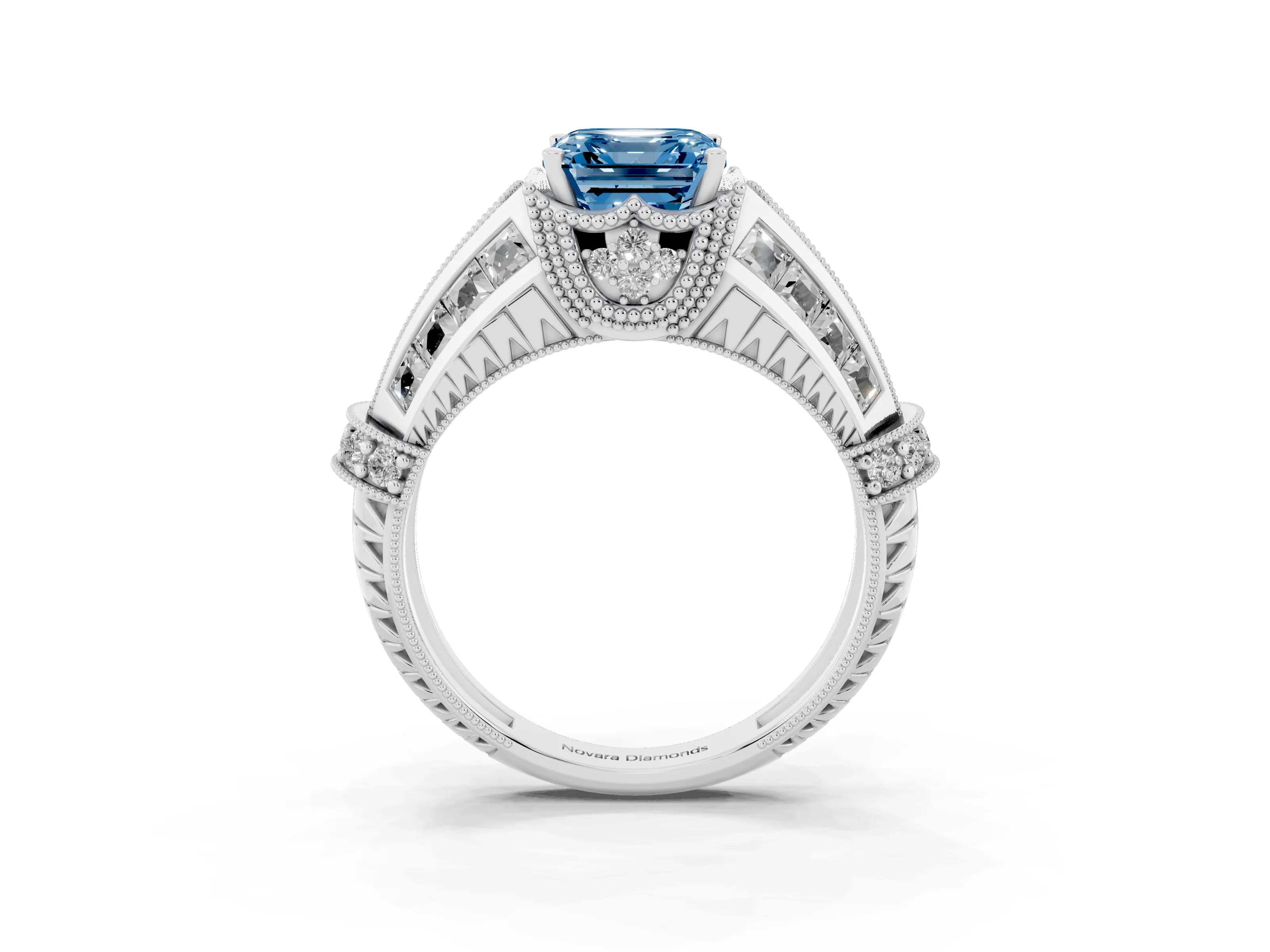 Fancy Blue Asscher Cut Diamond Vintage-Inspired Milgrain Ring Set in Platinum with Accent Split Shank