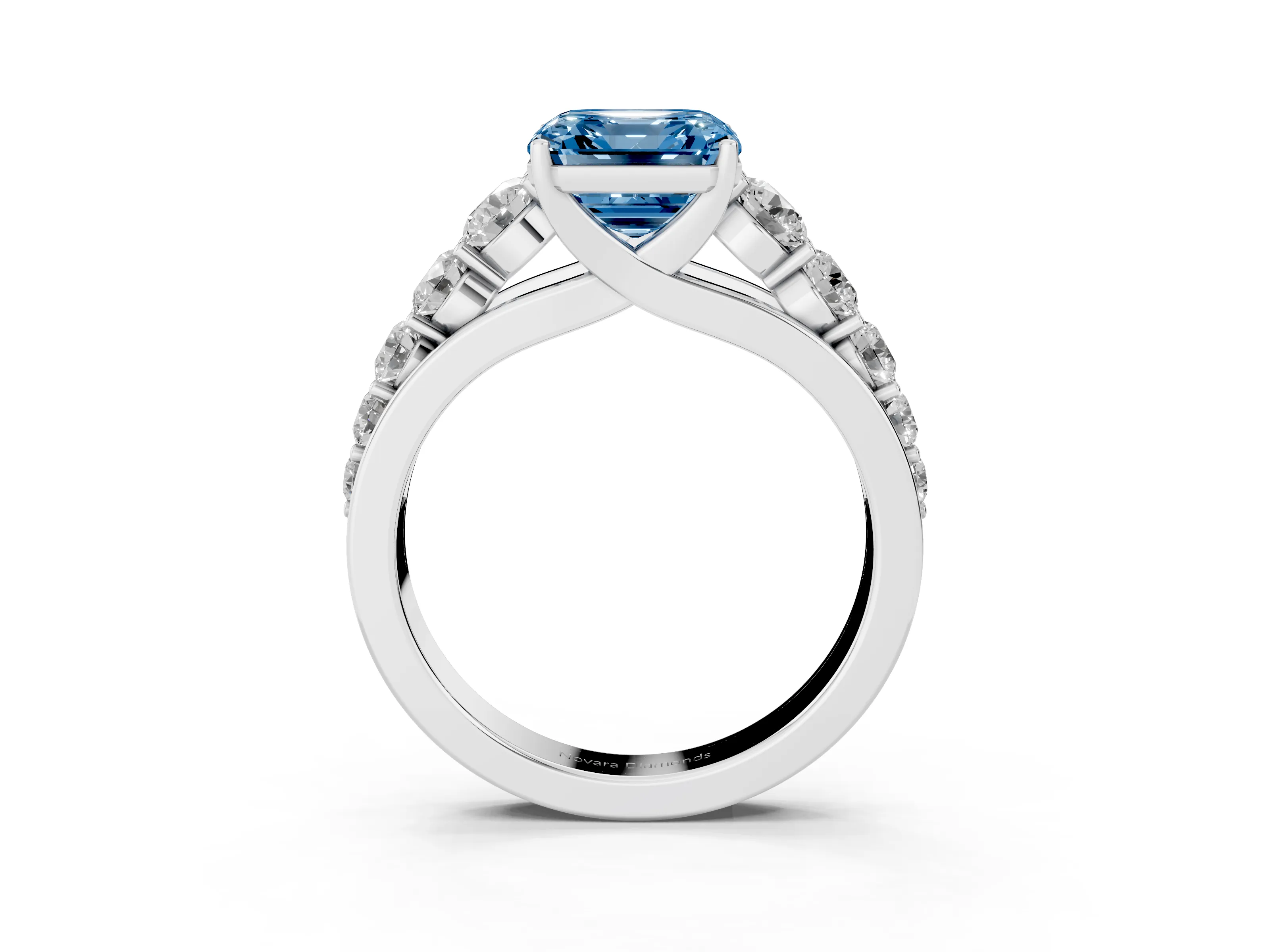 Fancy Blue Asscher Cut Diamond Solitaire Ring Set in Platinum with Pavé-Set Band and Prong Setting
