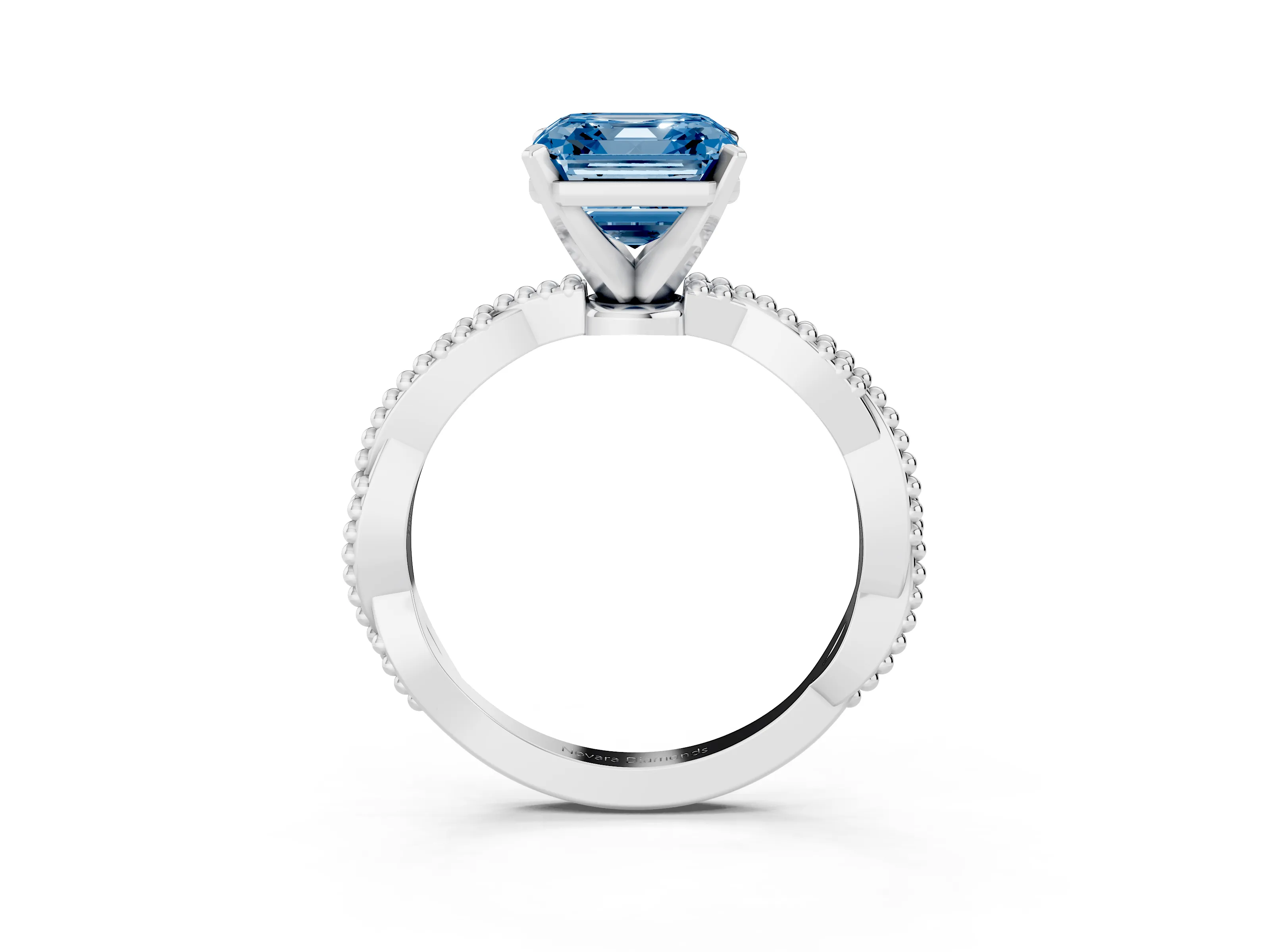 Fancy Blue Asscher Cut Diamond Solitaire Ring Set in Silver with Twisted Band and Bead Prong Setting