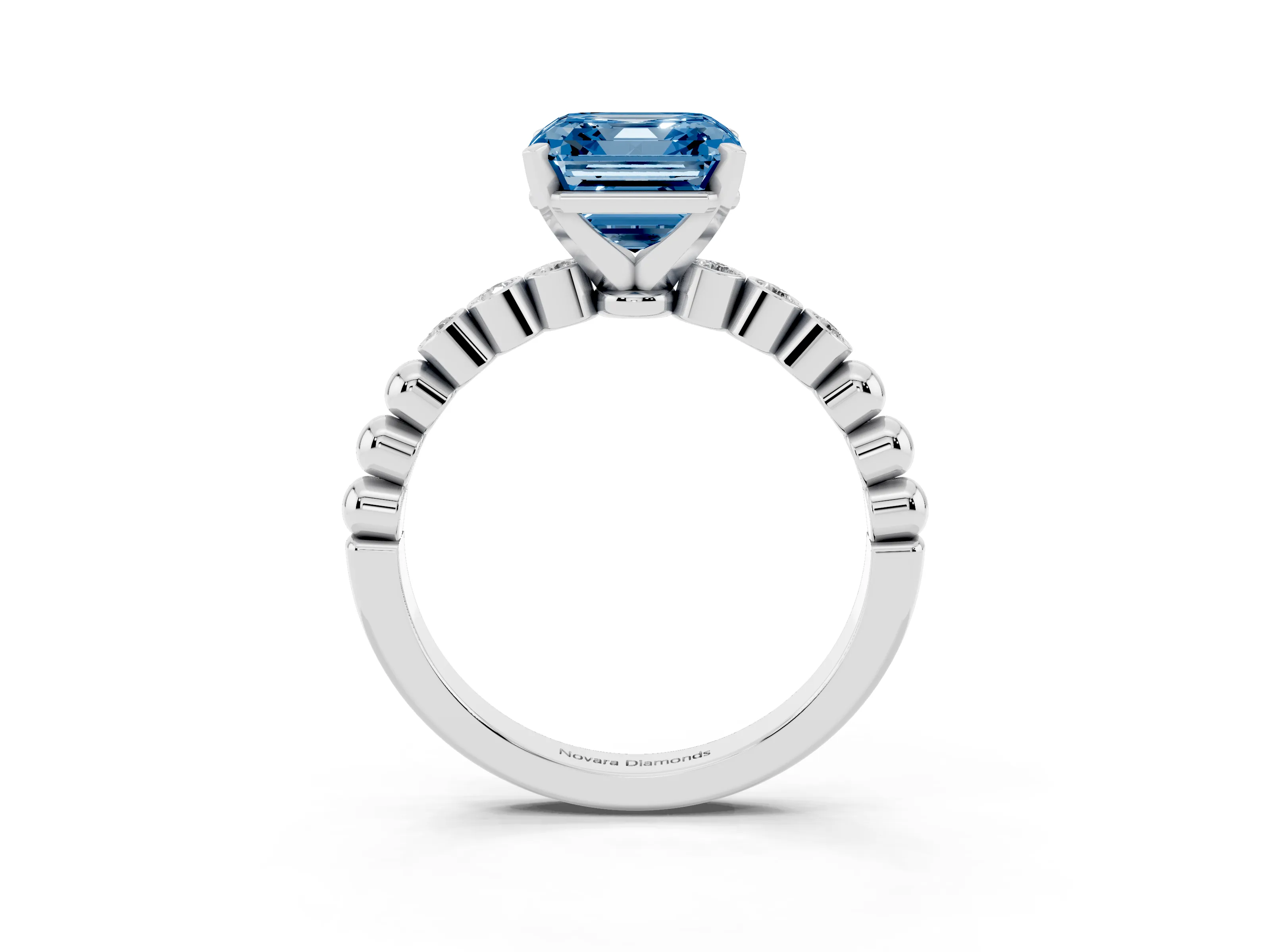 Fancy Blue Asscher Cut Diamond Solitaire Engagement Ring Set in White gold with Bezel Accents on Beaded Band