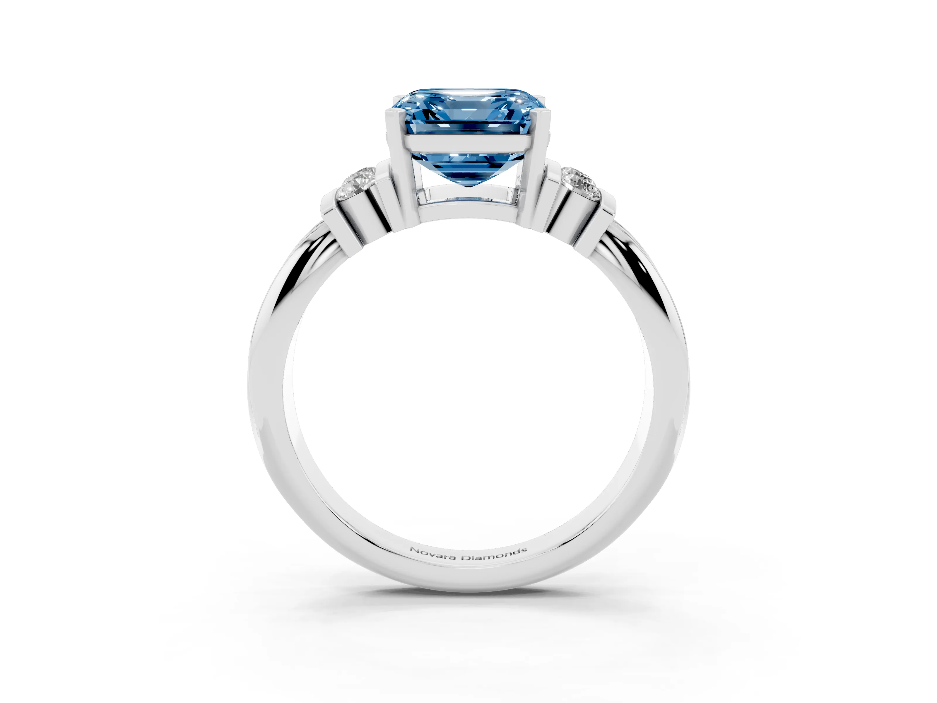Fancy Blue Three-Stone Asscher Cut Diamond Channel Set Ring Set in White gold with Bar Prongs