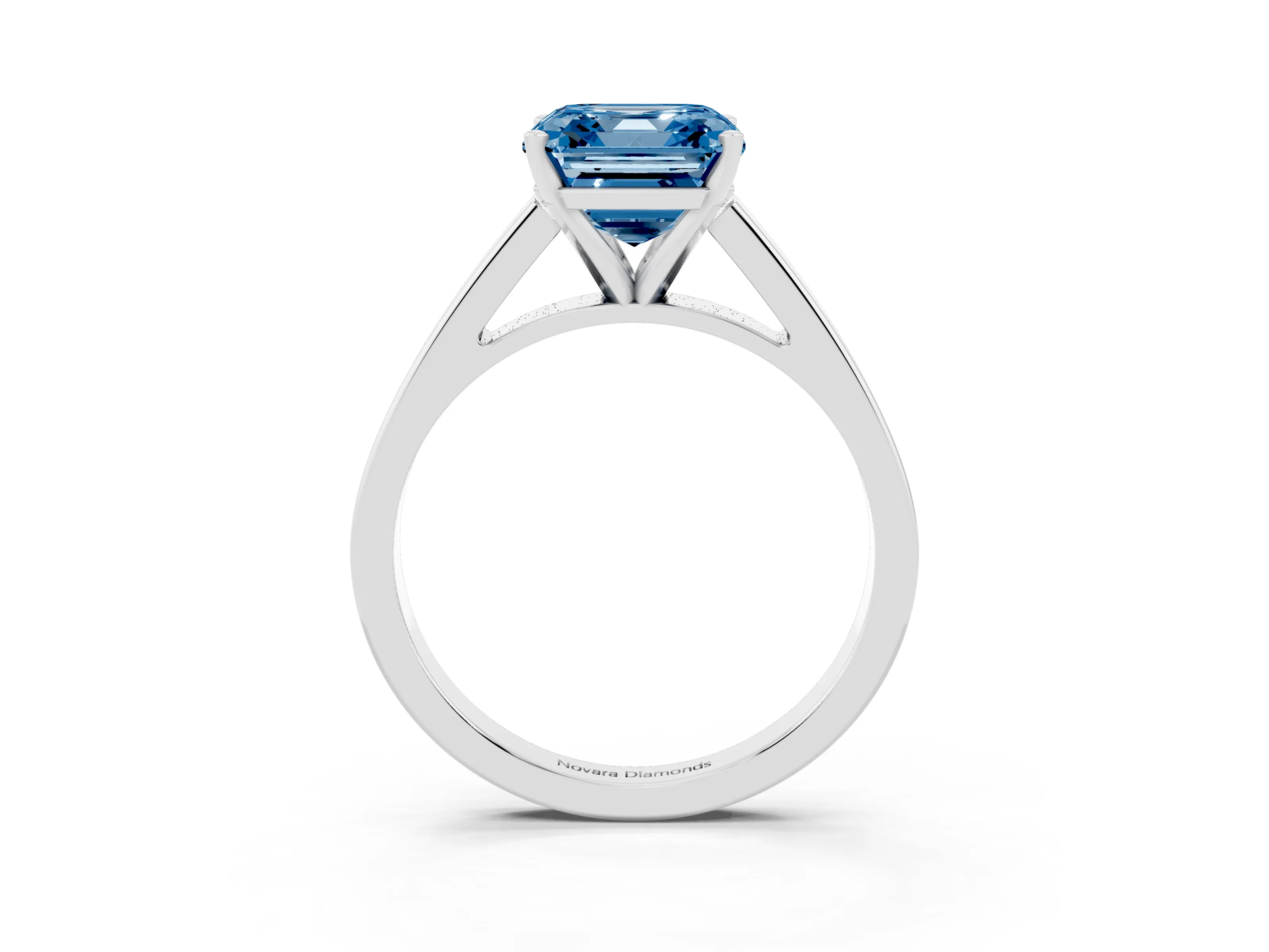 Fancy Blue Asscher Cut Diamond Solitaire Engagement Ring Set in White gold with Prong Setting and Tapered Band
