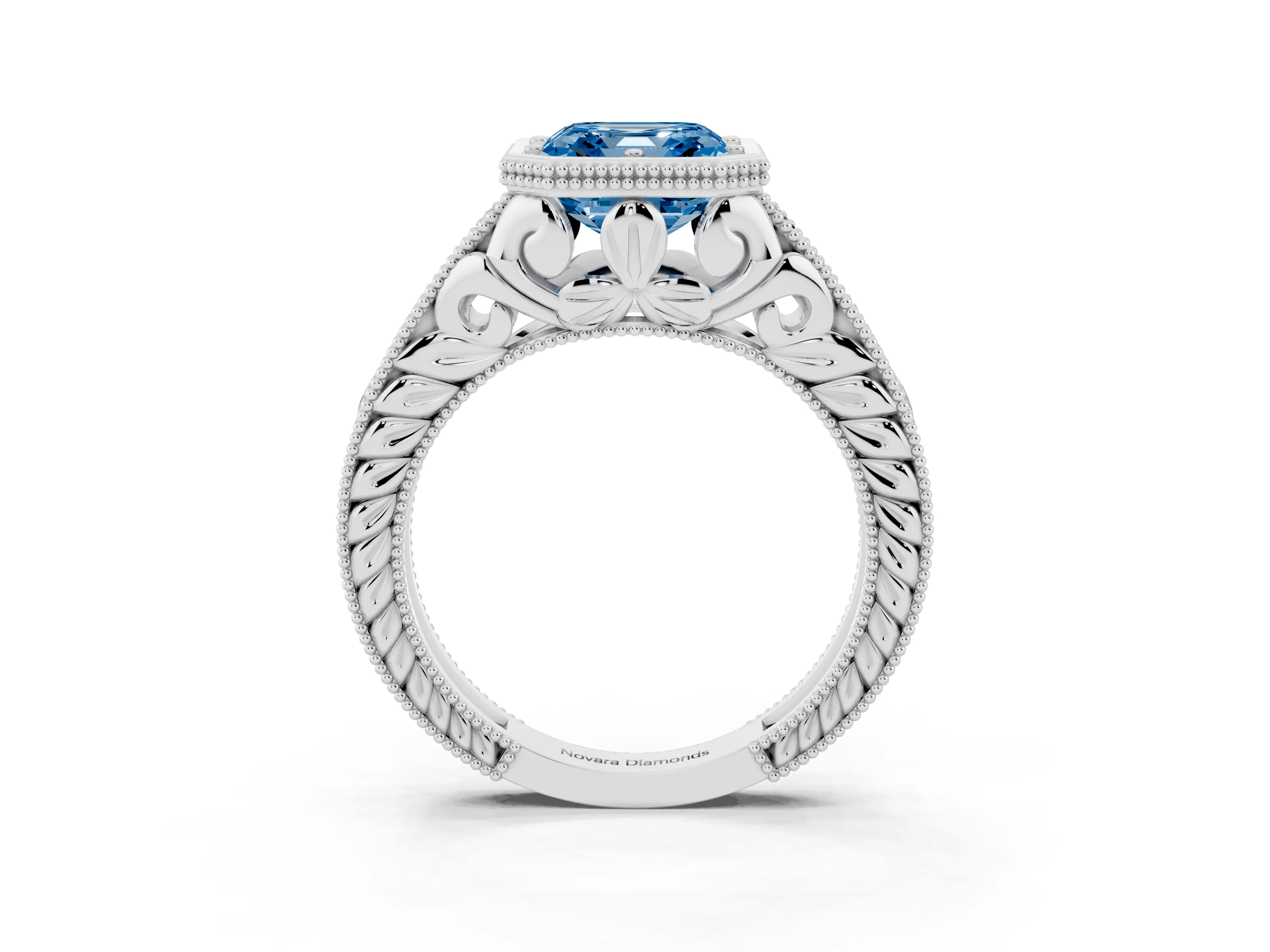 Fancy Blue Bezel Set Asscher Cut Diamond Milgrain Pavé Engagement Ring Set in Silver