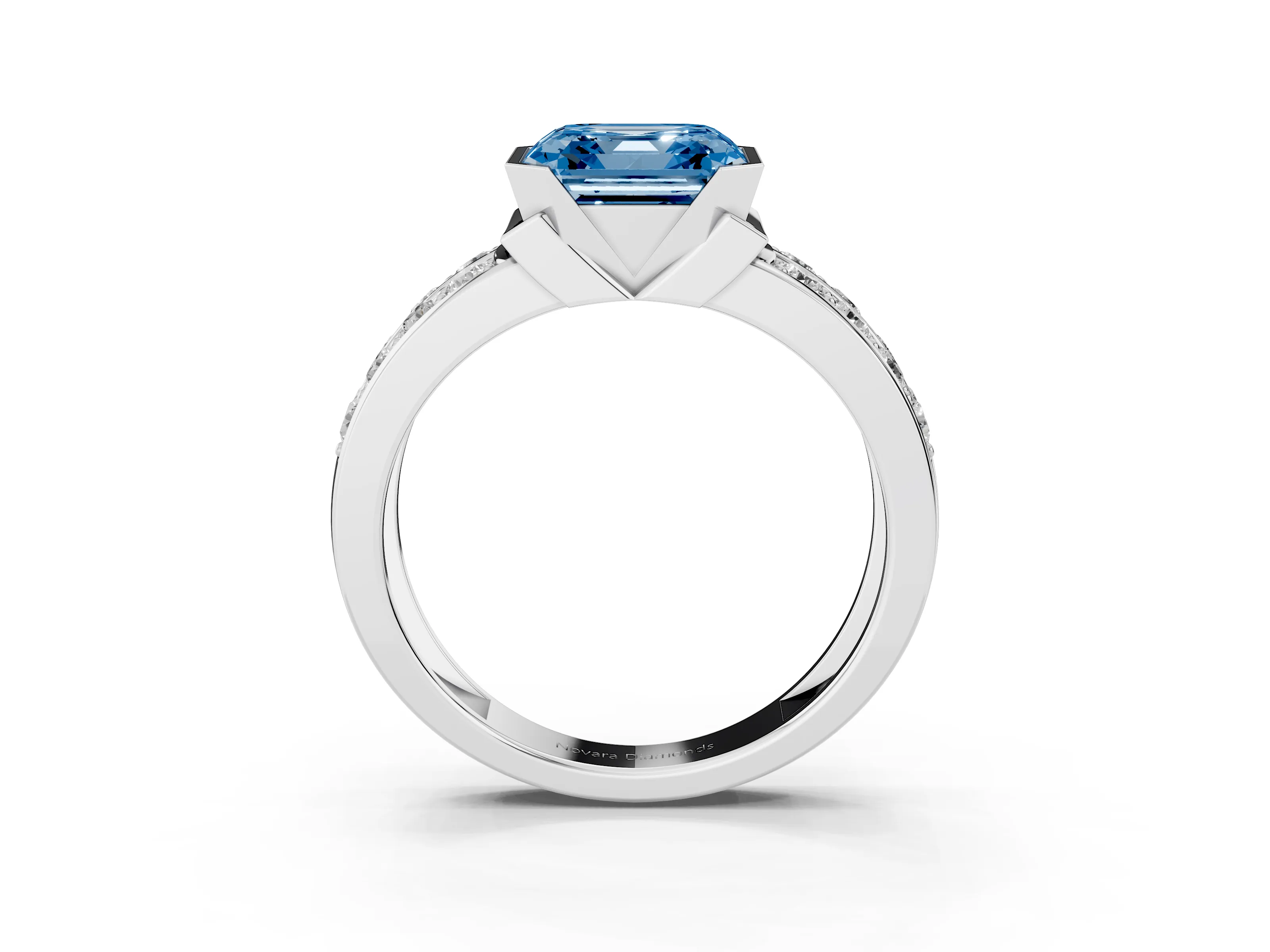 Fancy Blue Asscher Cut Diamond Wide Channel Set Band Ring Set in Silver with Bezel Setting