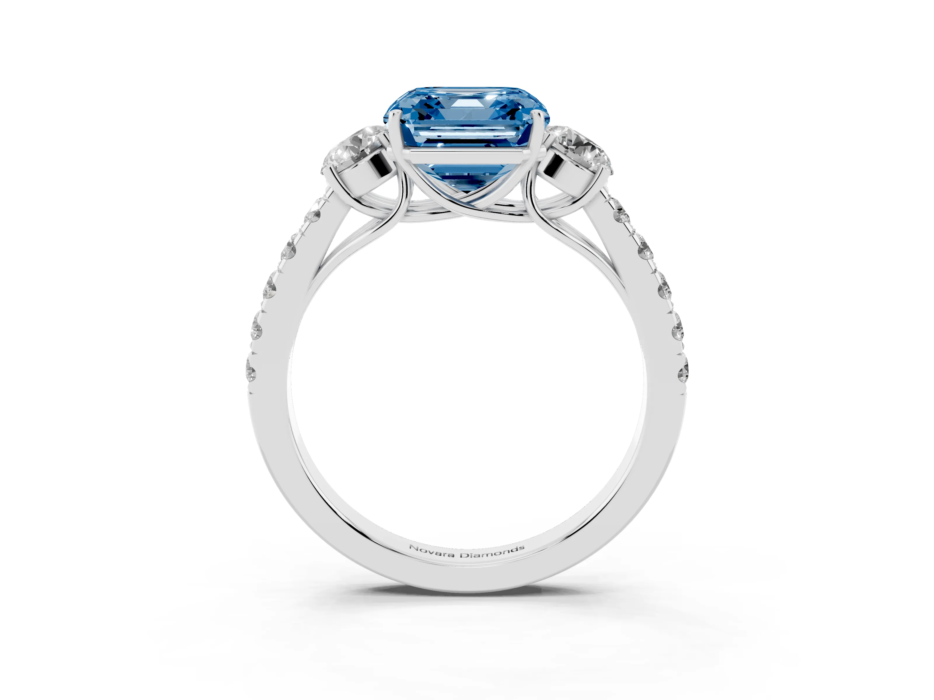 Fancy Blue Asscher Cut Diamond Three-Stone Ring Set in Silver with Round Side Stones and Delicate Pavé Band