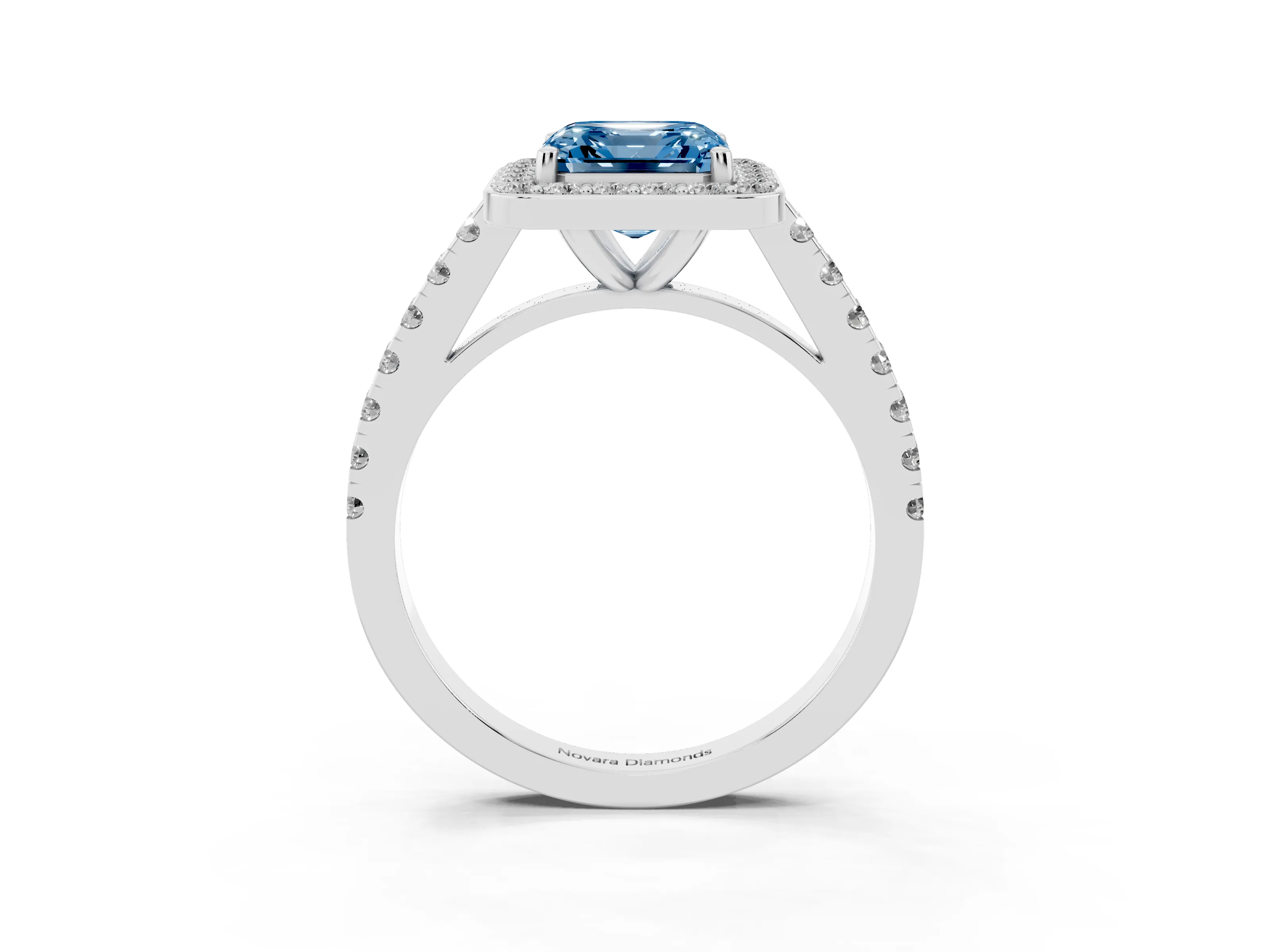 Fancy Blue Asscher Cut Diamond Halo Ring Set in Silver with Round Pavé Split Shank and Prong Setting