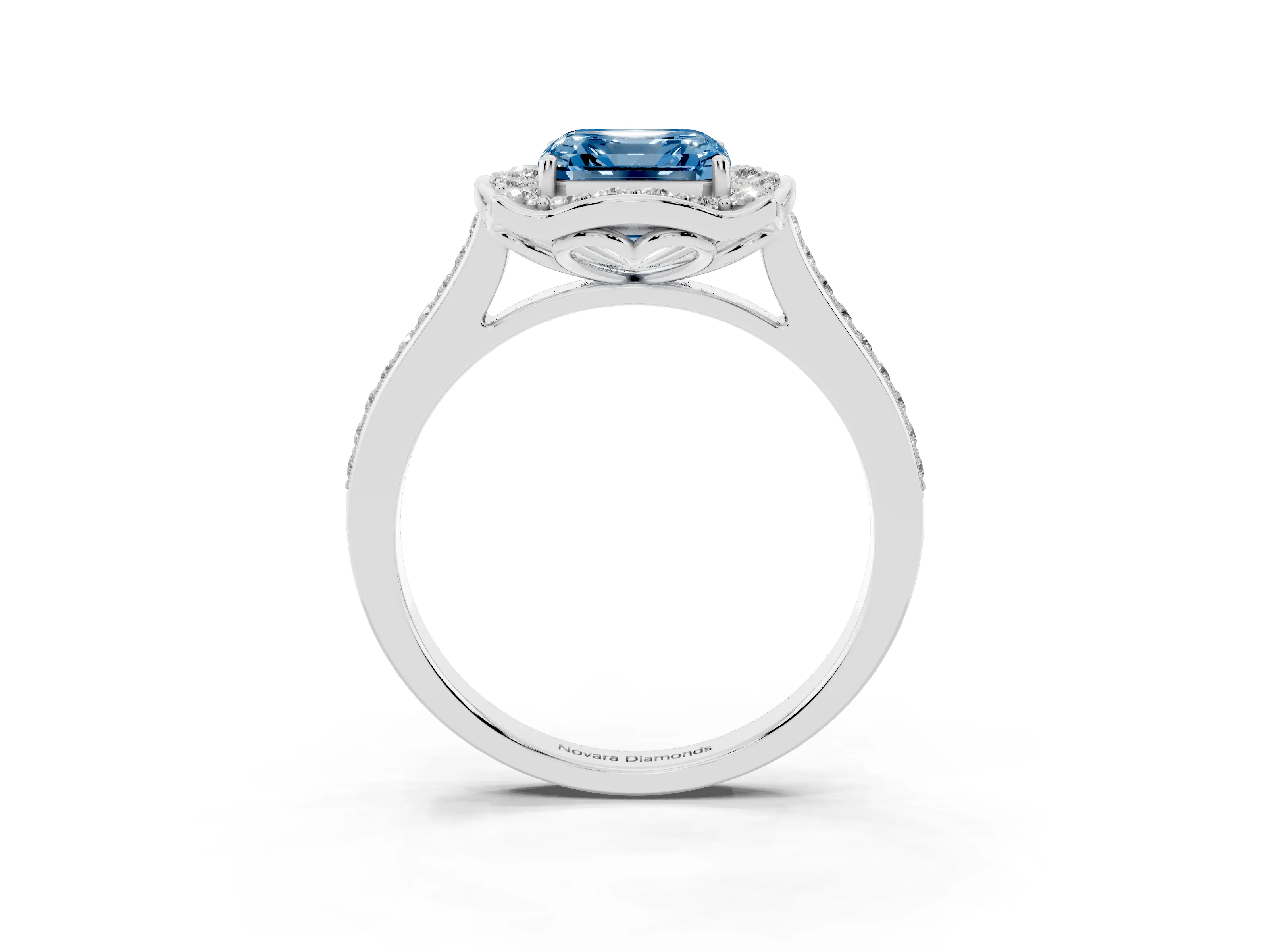 Fancy Blue Asscher Cut Diamond Halo Ring Set in Platinum with Pavé-Lined Shoulders and Prong Setting