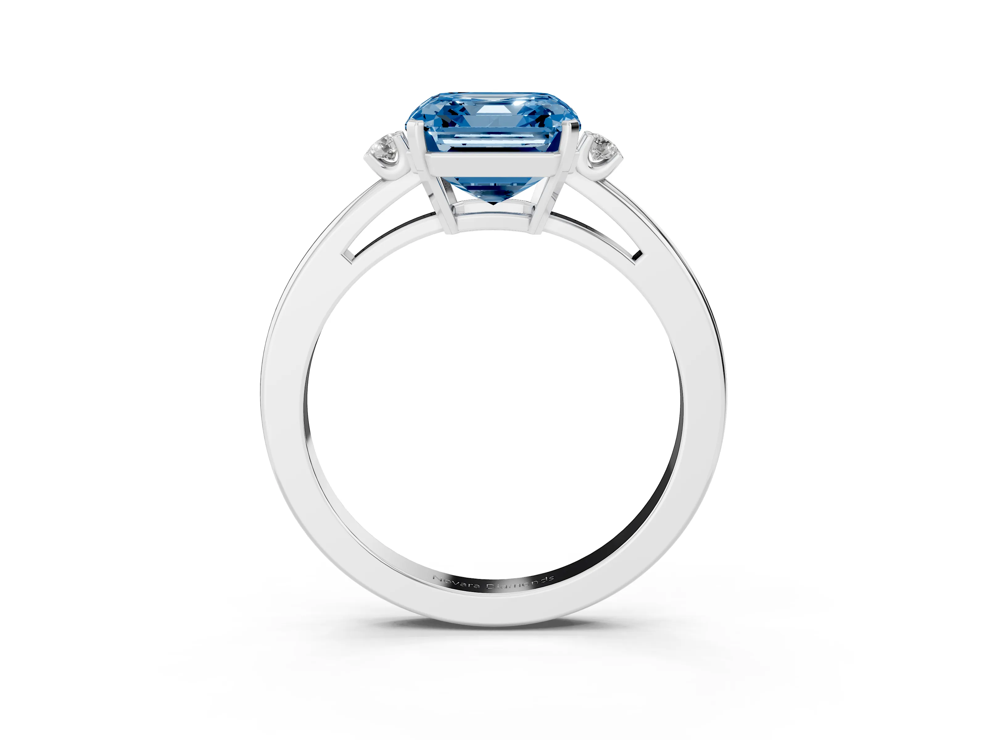 Fancy Blue Three-Stone Asscher Cut Diamond Solitaire Ring Set in Platinum with Round Accent Stones and Prong Setting