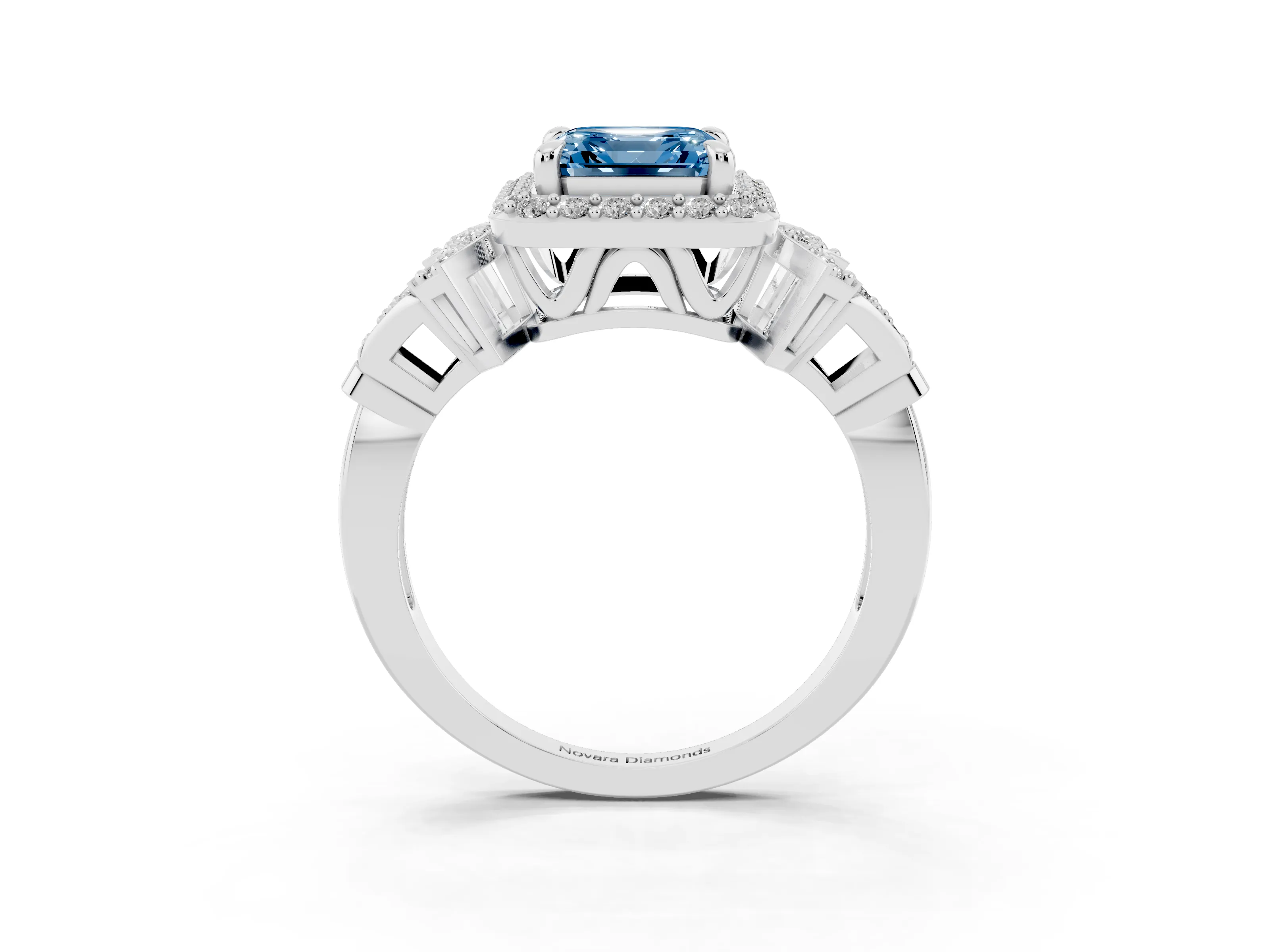 Fancy Blue Asscher Cut Diamond Halo Engagement Ring Set in White gold with Accent Stone Split Shank