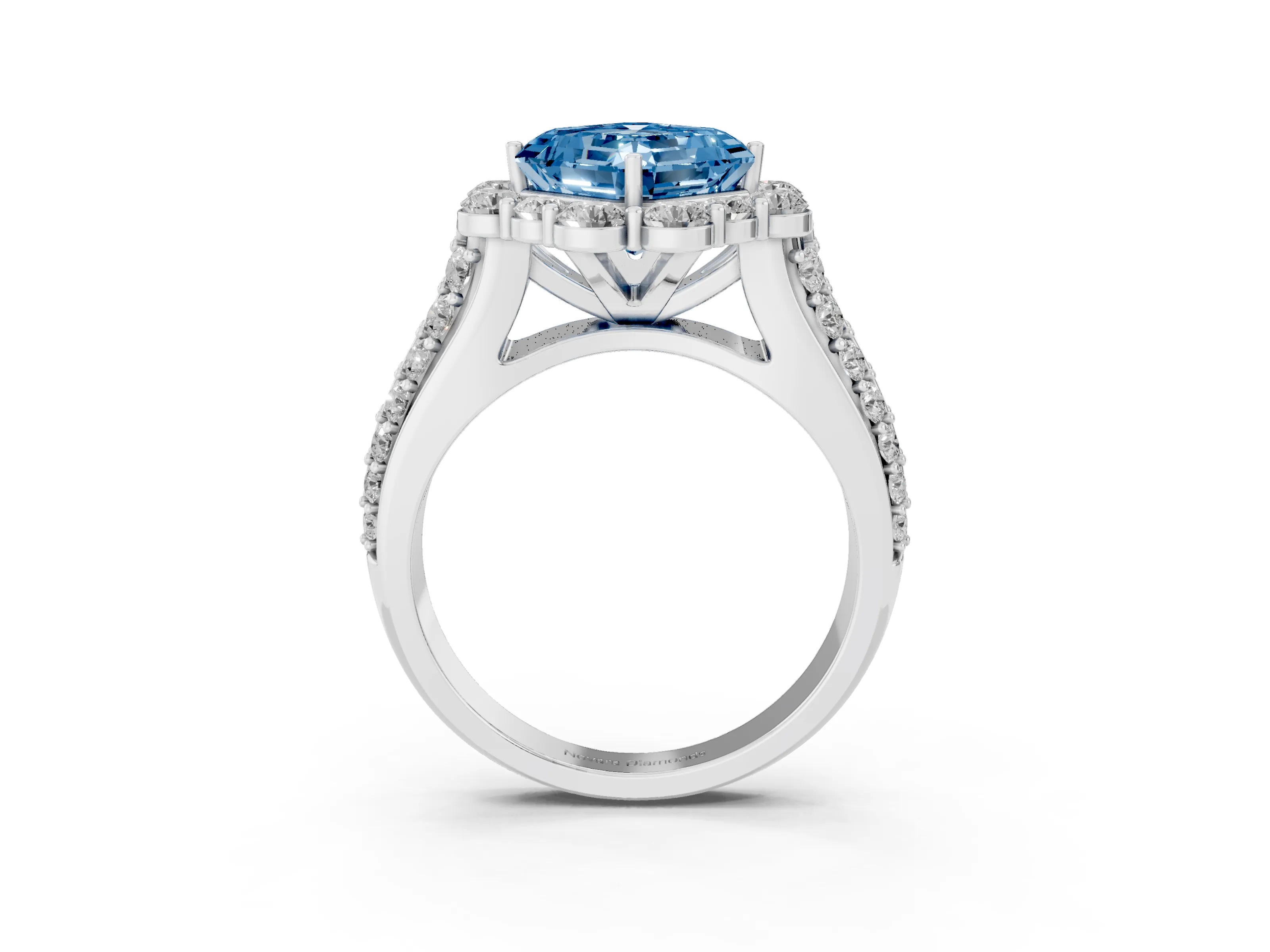 Fancy Blue Asscher Cut Diamond Halo Engagement Ring Set in Silver with Split Shank and Prong Setting