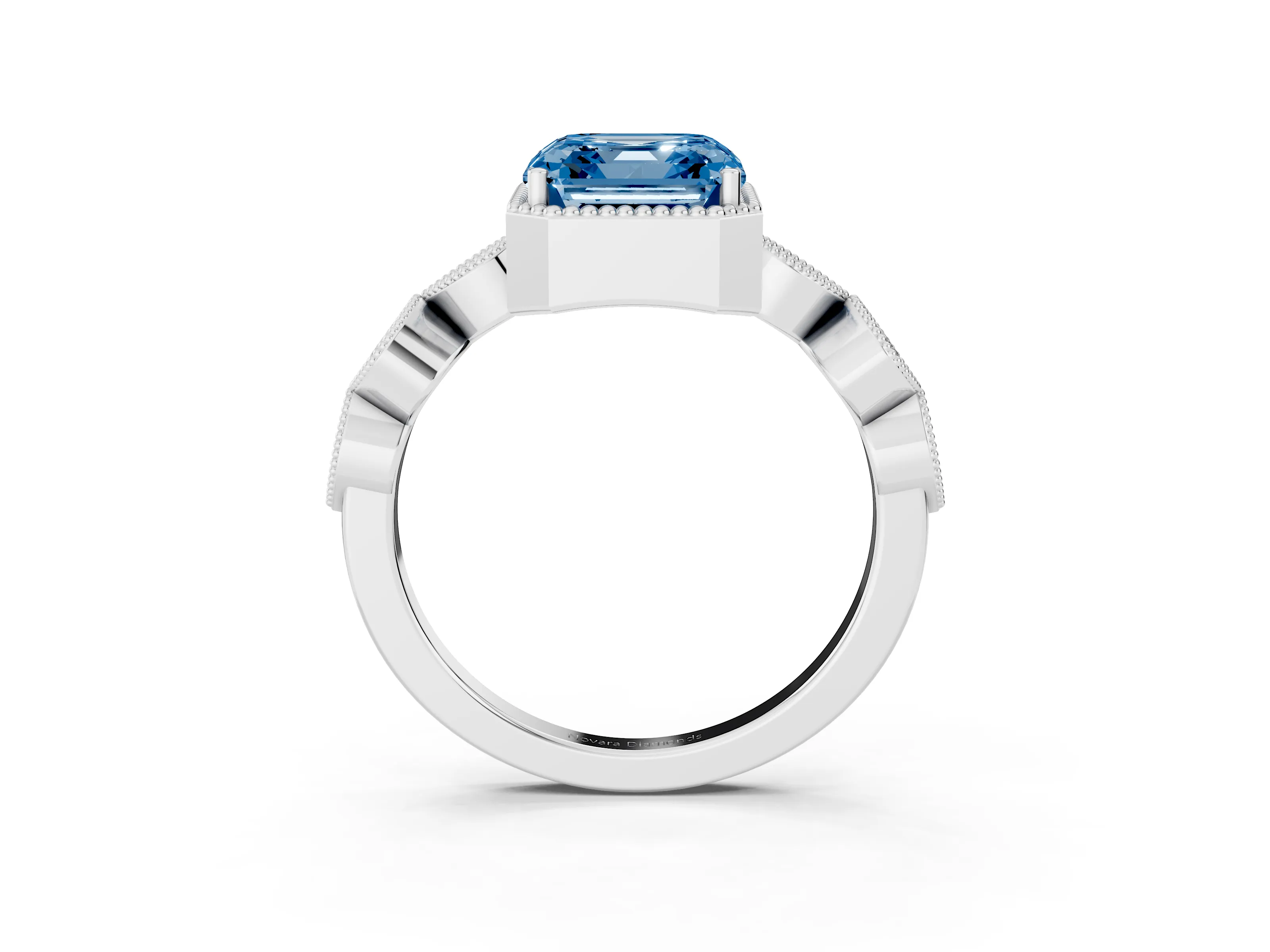 Fancy Blue Asscher Cut Diamond Vintage-Inspired Milgrain Ring Set in Platinum with Marquise Stations of Round Accents