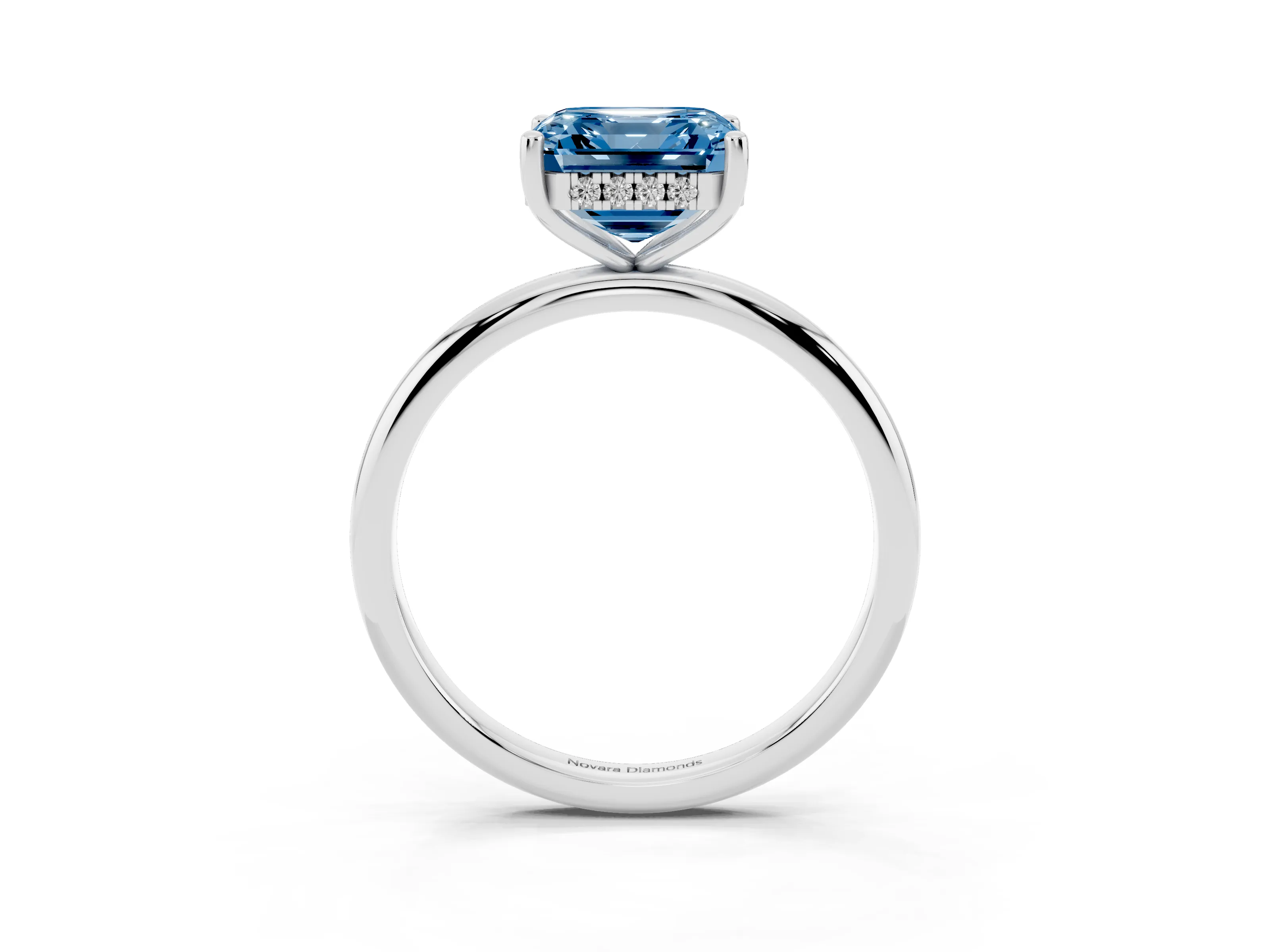 Fancy Blue Asscher Cut Diamond Solitaire Engagement Ring Set in White gold with Prong Setting and Polished Band