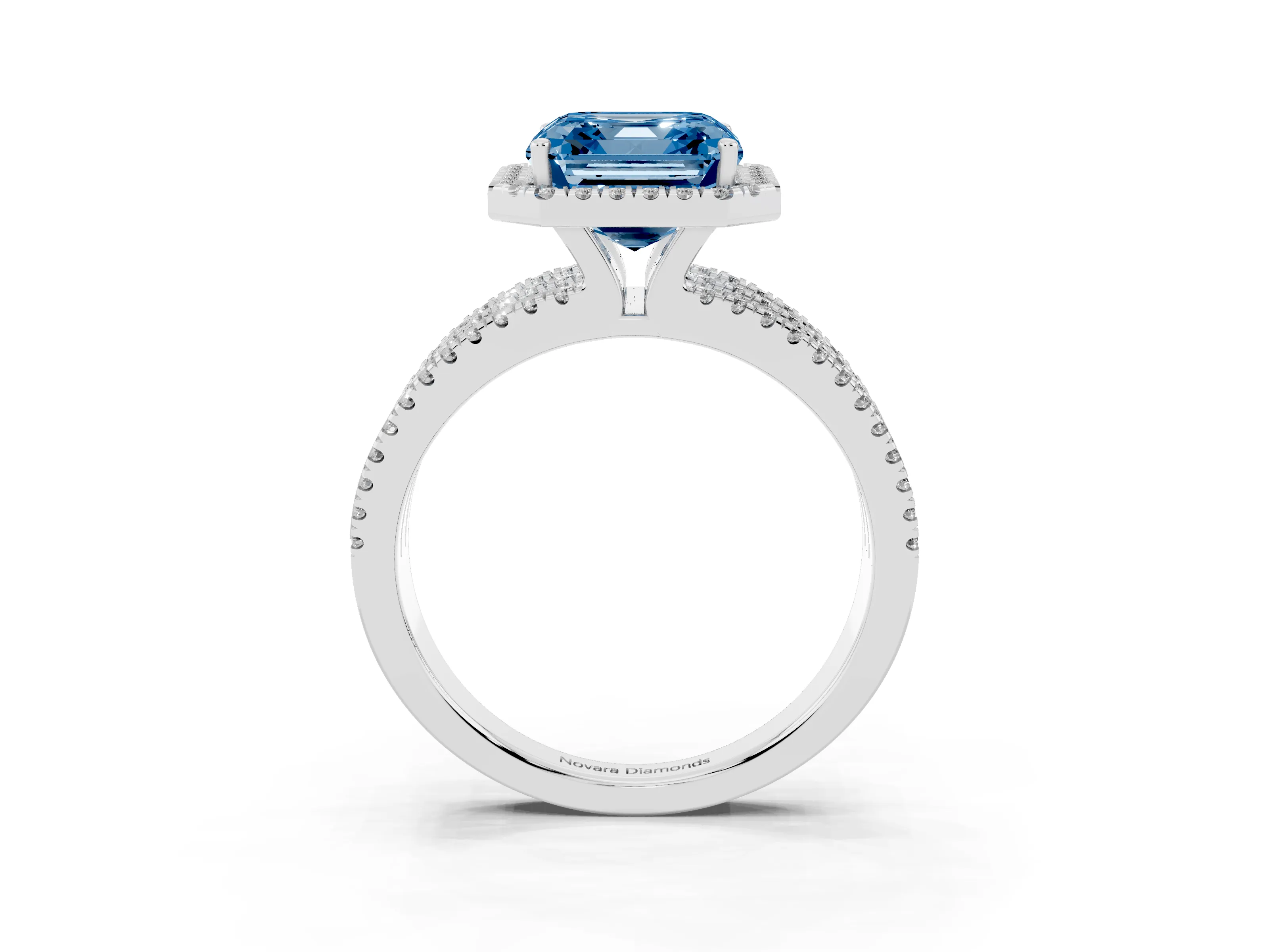 Fancy Blue Asscher Cut Diamond Halo Split Shank Engagement Ring Set in Silver with Prong Setting