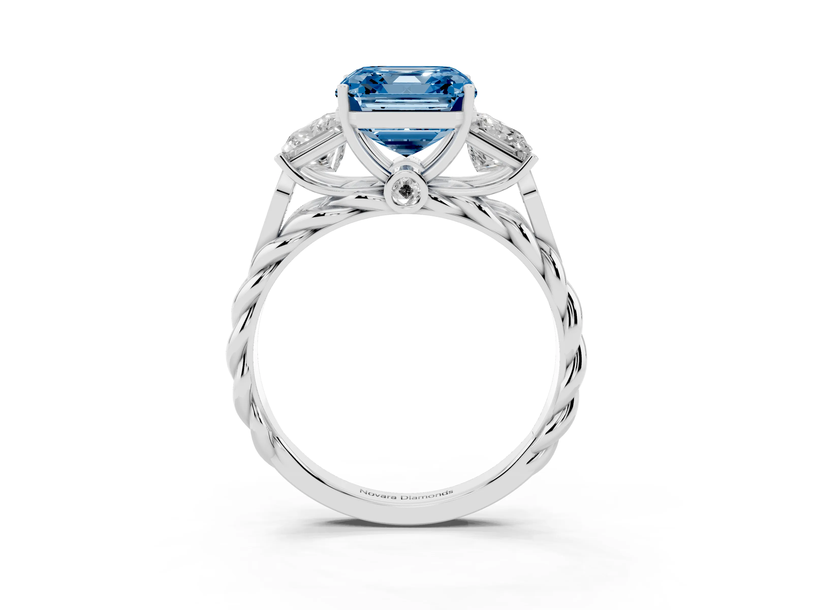 Fancy Blue Asscher Cut Diamond Three-Stone Ring Set in White gold with Braided Band