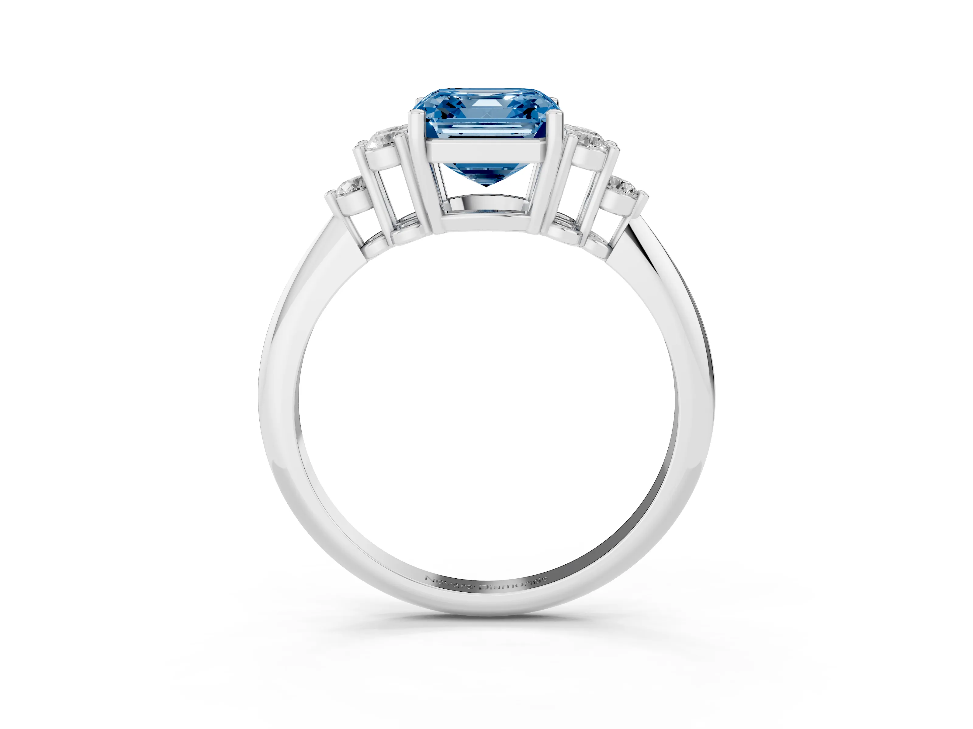 Fancy Blue Asscher Cut Diamond Cluster Ring Set in White gold with Plain Band and Prong Setting
