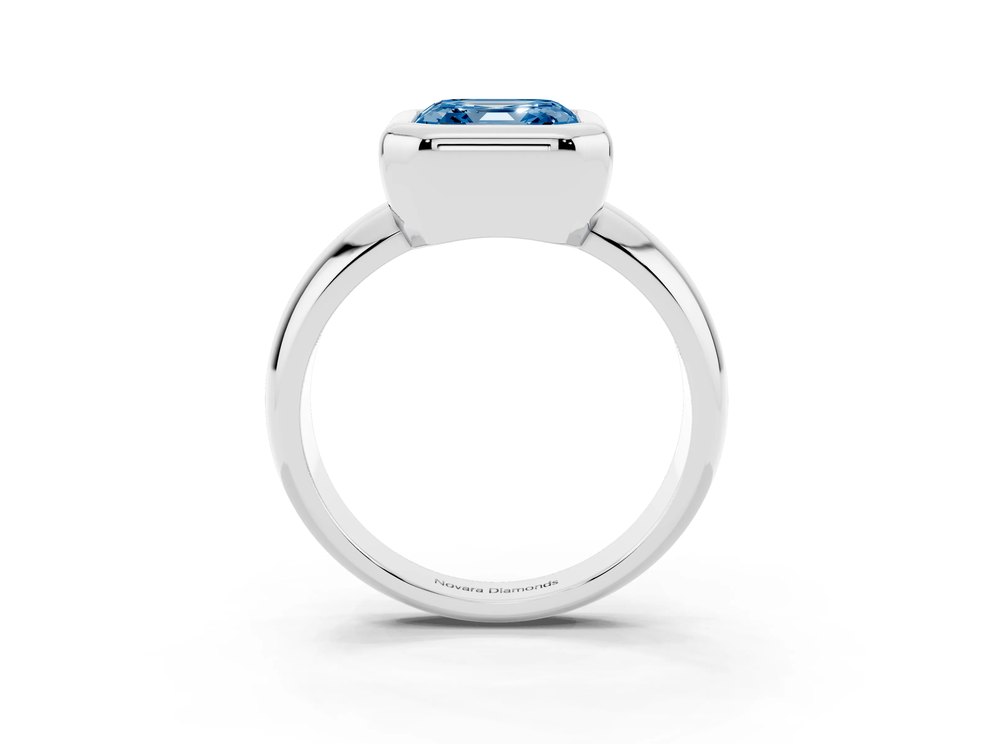 Fancy Blue Bezel Set Asscher Cut Diamond Solitaire Ring Set in Silver with Wide Band