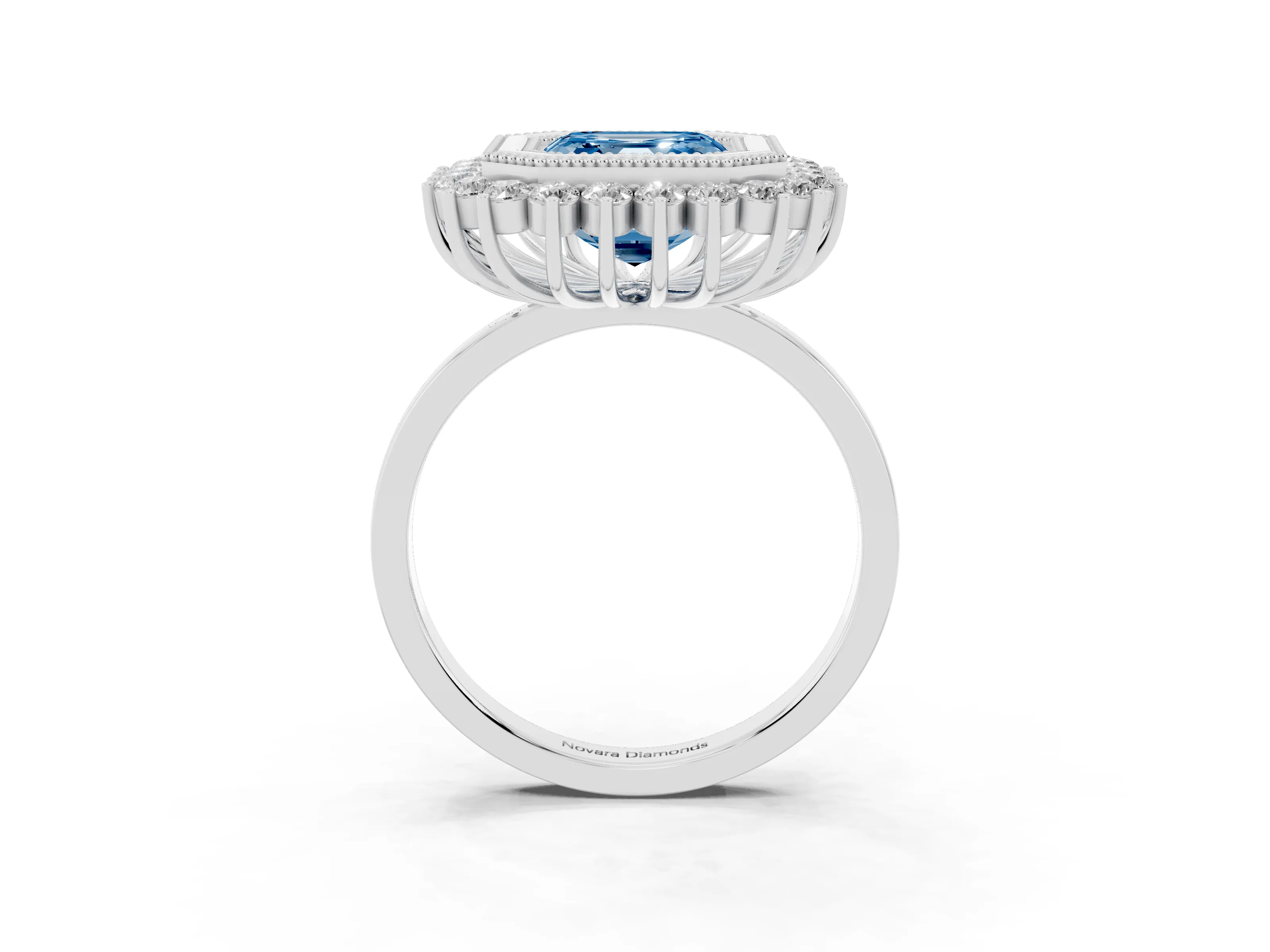 Fancy Blue Asscher Cut Diamond Halo Ring Set in White gold with Milgrain Edge and Round Prong Setting