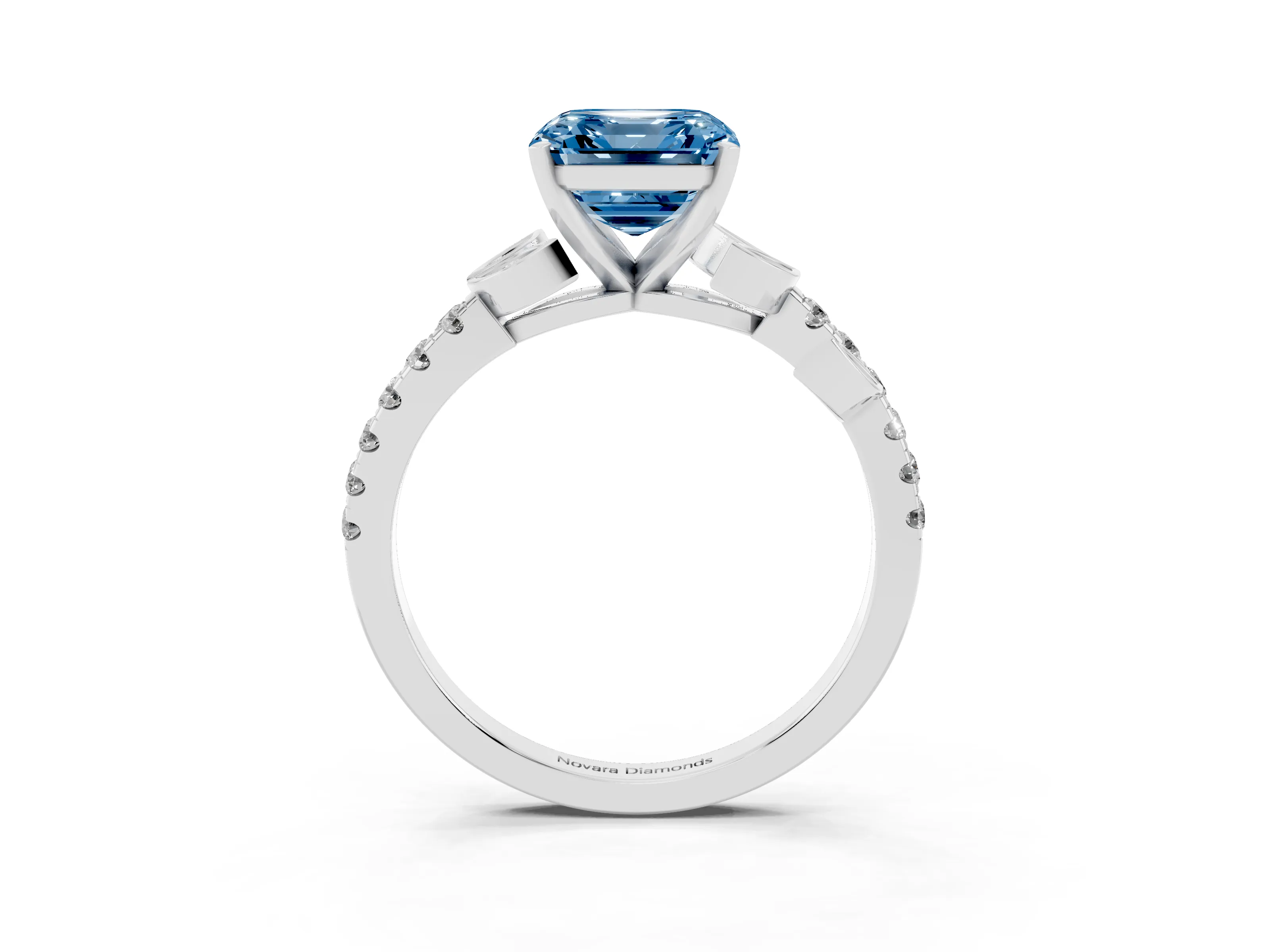 Fancy Blue Asscher Cut Diamond Solitaire Leaf-Inspired Ring Set in White gold with Pavé Band and Prong Setting