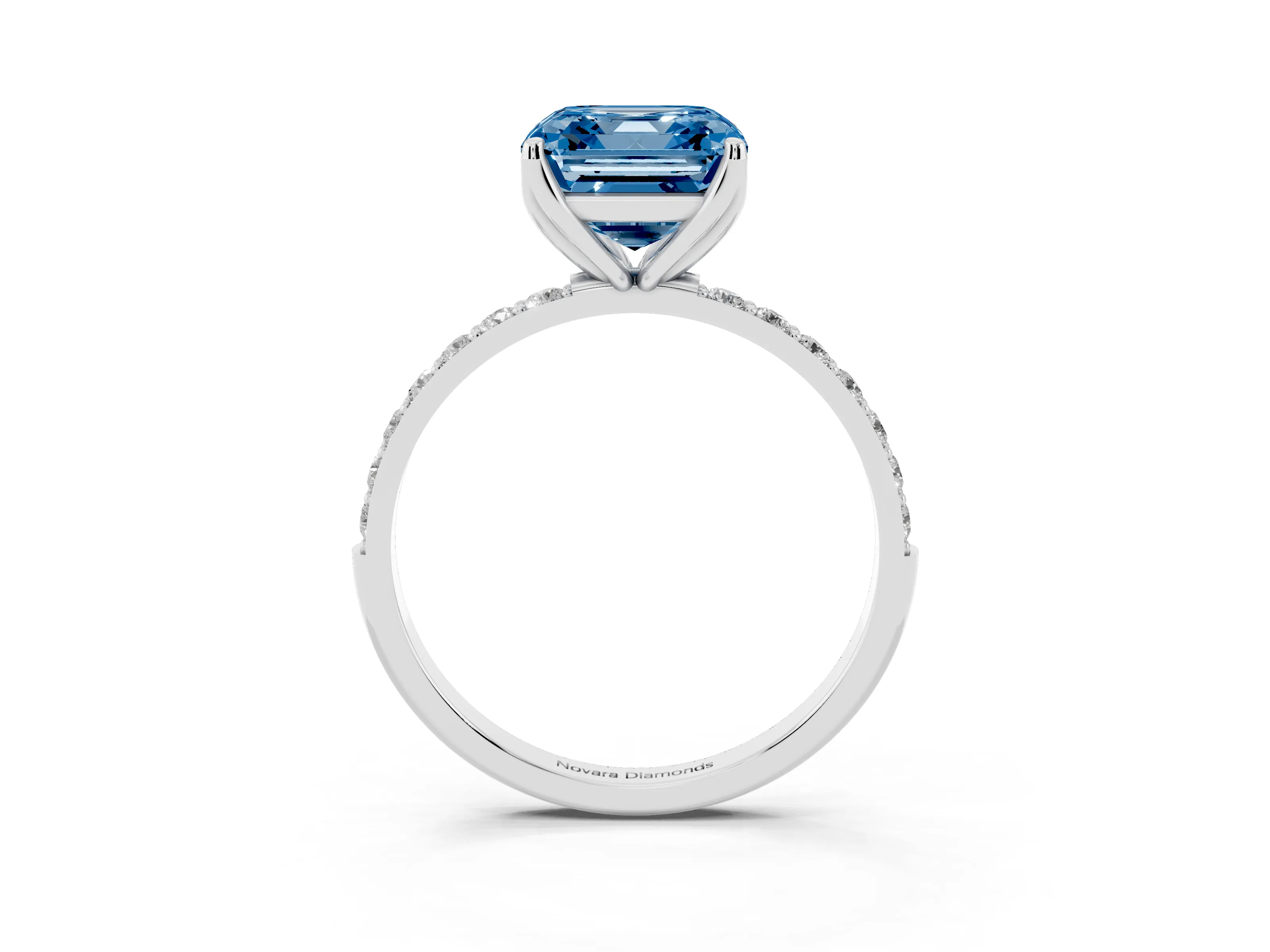 Fancy Blue Asscher Cut Diamond Solitaire Engagement Ring Set in White gold with Round Pavé Band and Prong Setting