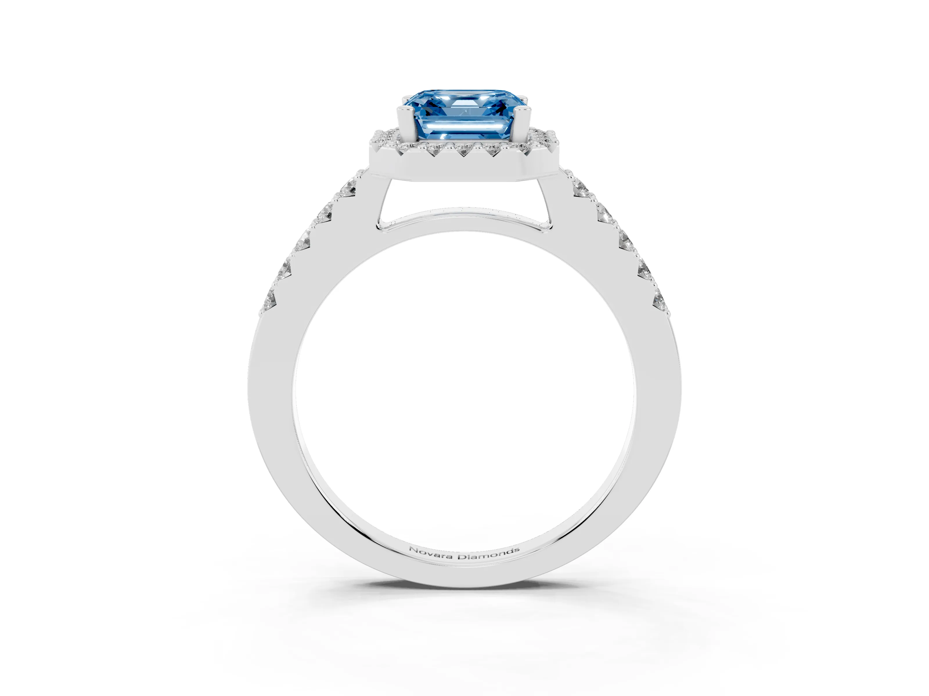 Fancy Blue Asscher Cut Diamond Halo Pavé Solitaire Ring Set in Platinum with Prong-Set Center Stone