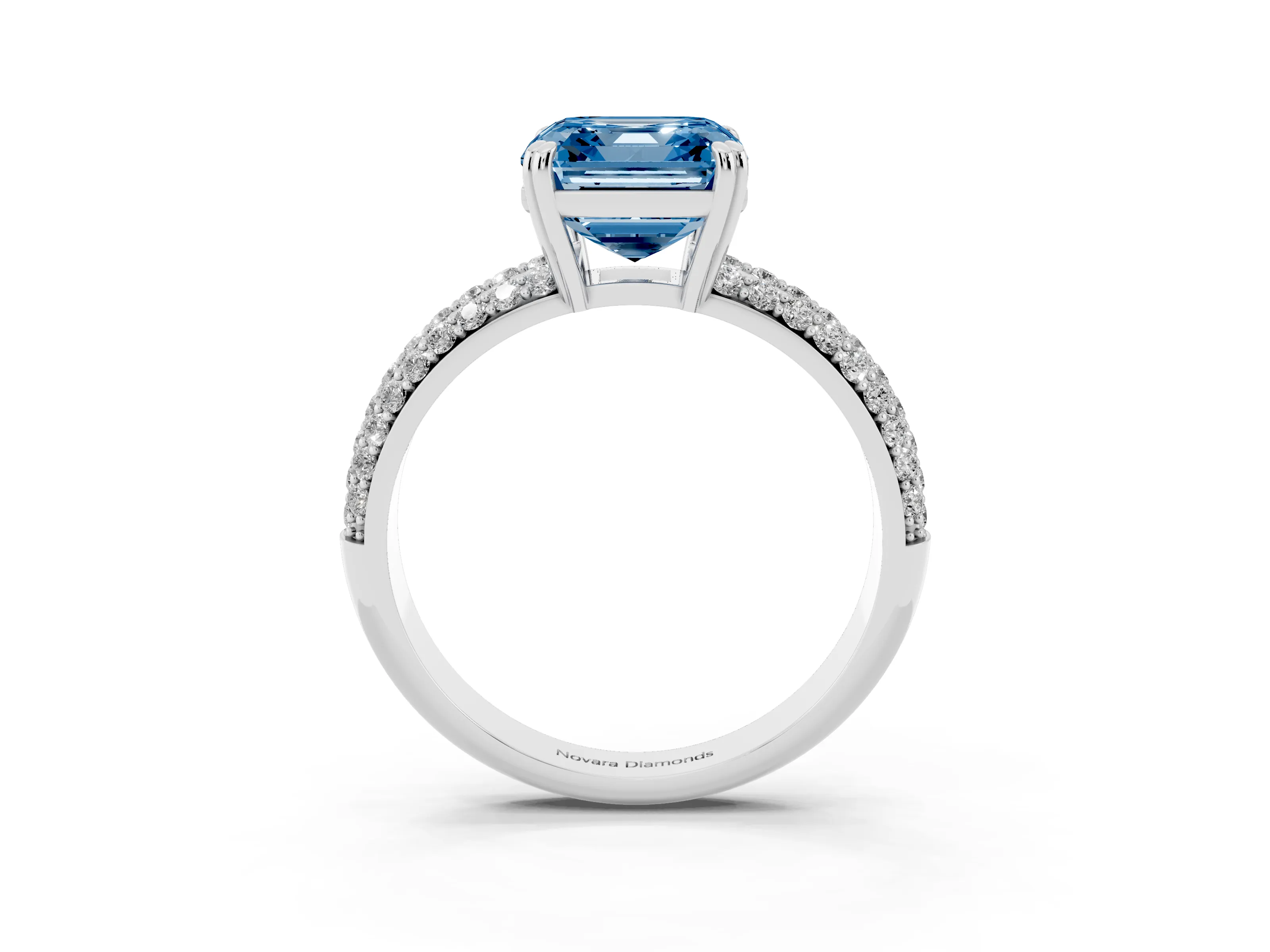 Fancy Blue Asscher Cut Diamond Solitaire Ring Set in Platinum with Multi-Row Round Pavé Band and Prong Setting