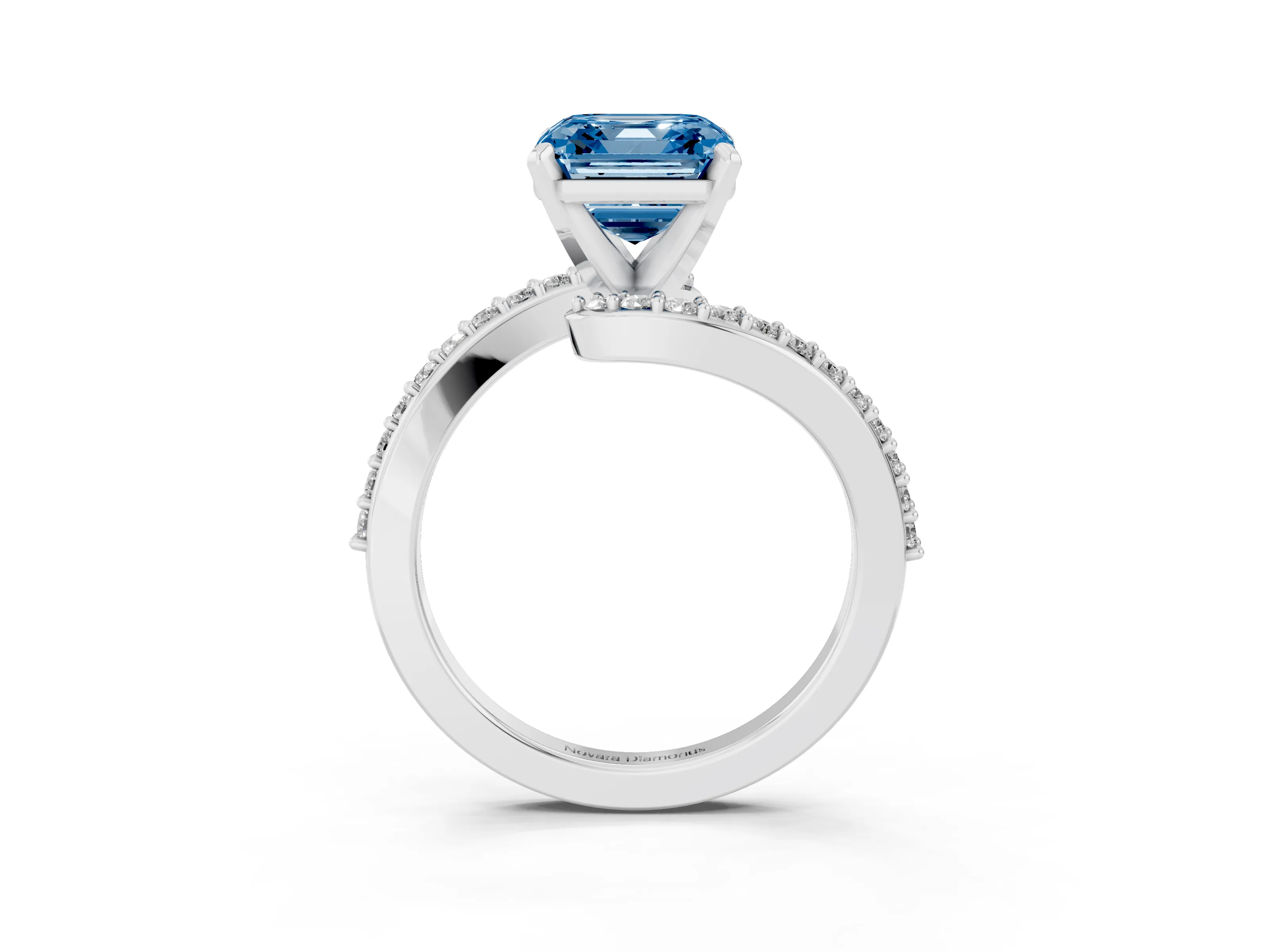 Fancy Blue Asscher Cut Diamond Solitaire Ring Set in White gold with Pavé Twist Band and Prong Setting