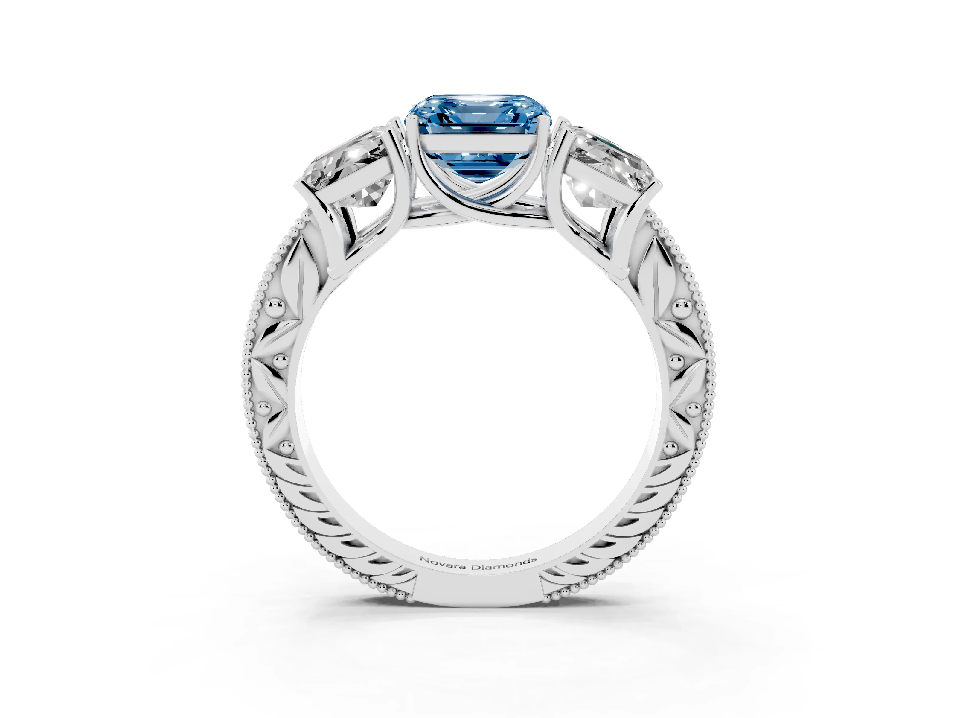 Fancy Blue Asscher Cut Diamond Three-Stone Engagement Ring Set in Silver with Milgrain Pavé Band
