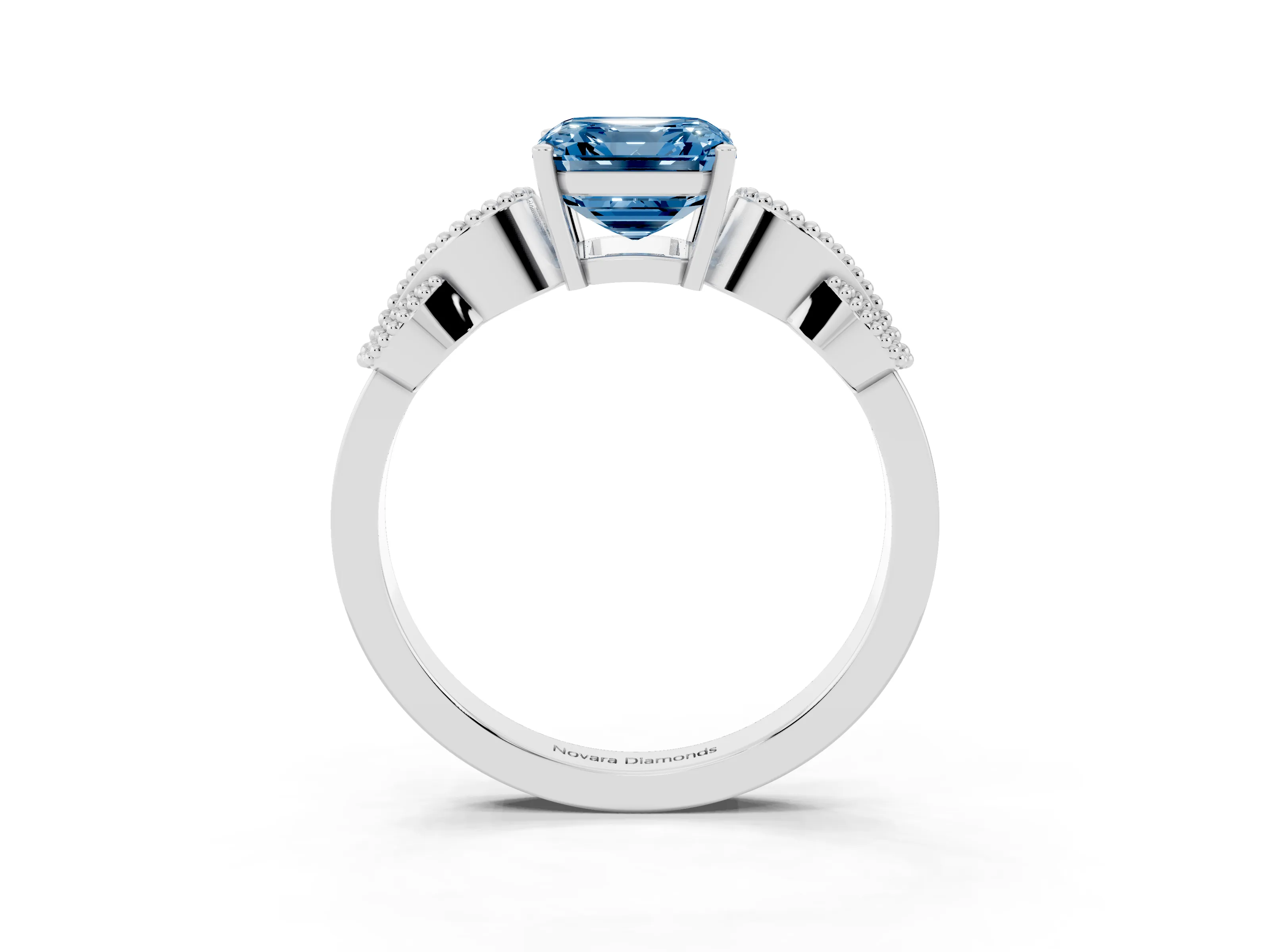 Fancy Blue Asscher Cut Diamond Milgrain Leaf Band Solitaire Ring Set in White gold with Accent Stones and Prong Setting