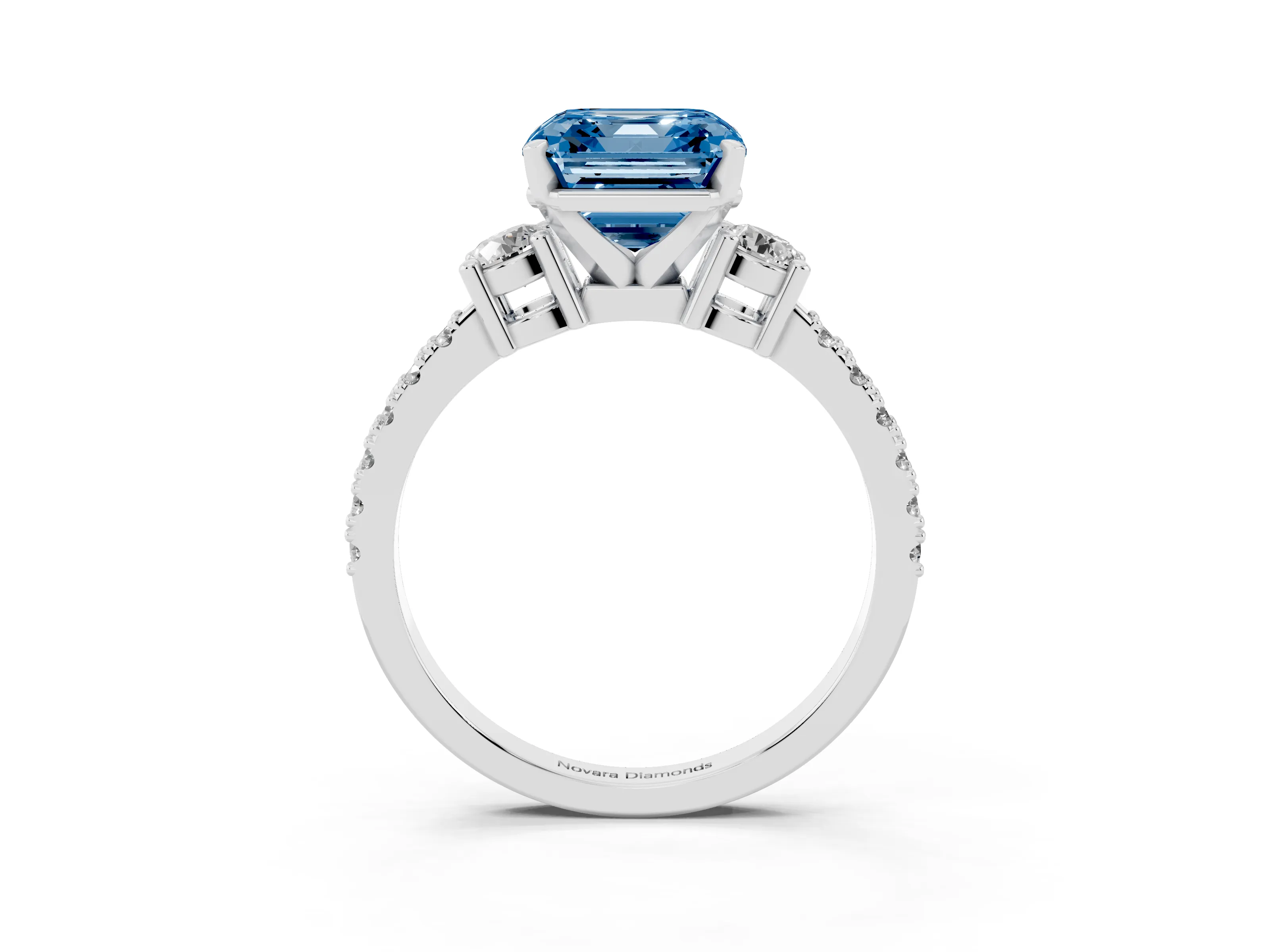 Fancy Blue Three-Stone Asscher Cut Diamond Pavé Band Ring Set in Silver with Prong Setting