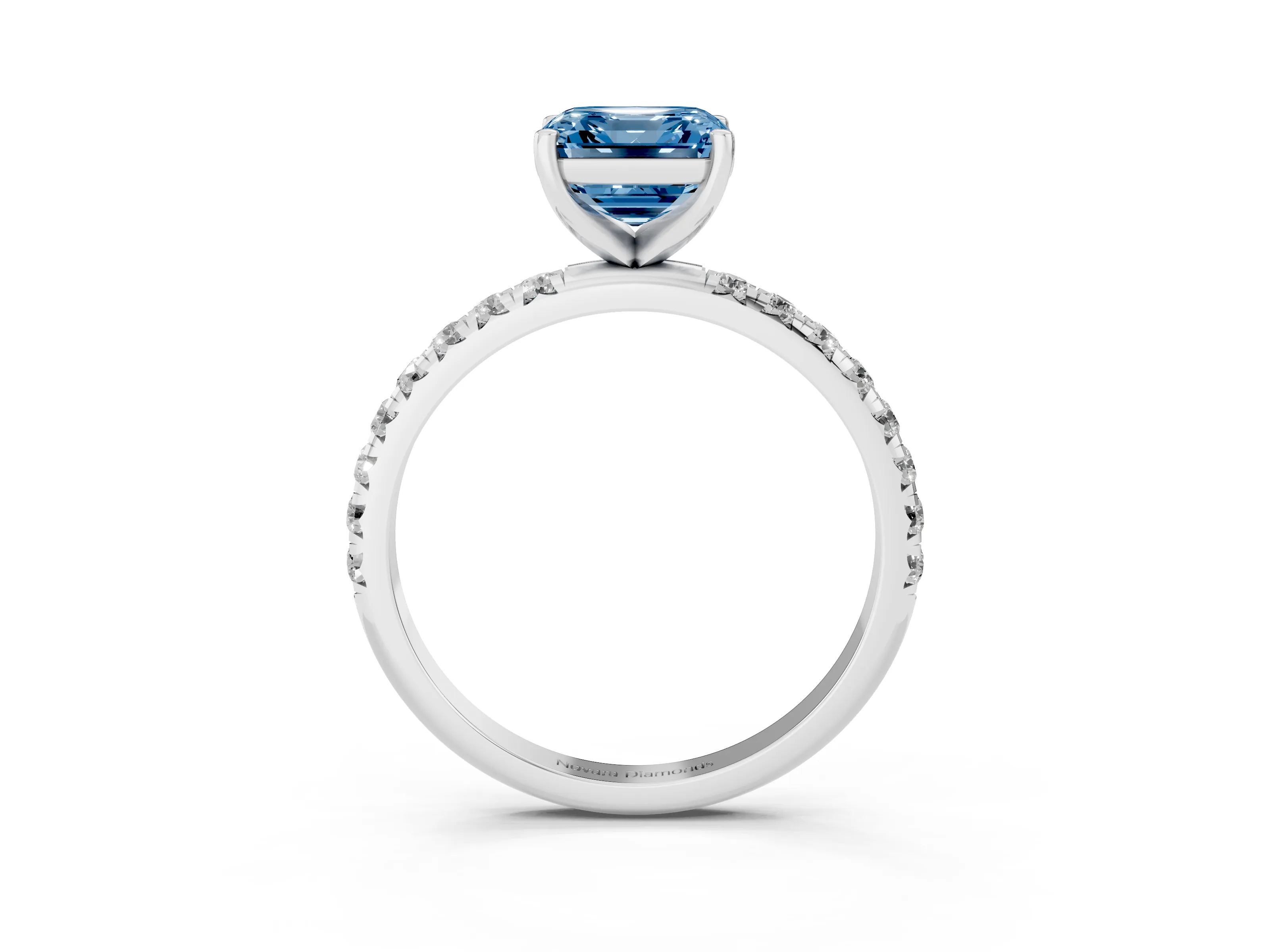Fancy Blue Asscher Cut Diamond Solitaire Ring Set in Silver with Micro Pavé Band and Prong Setting