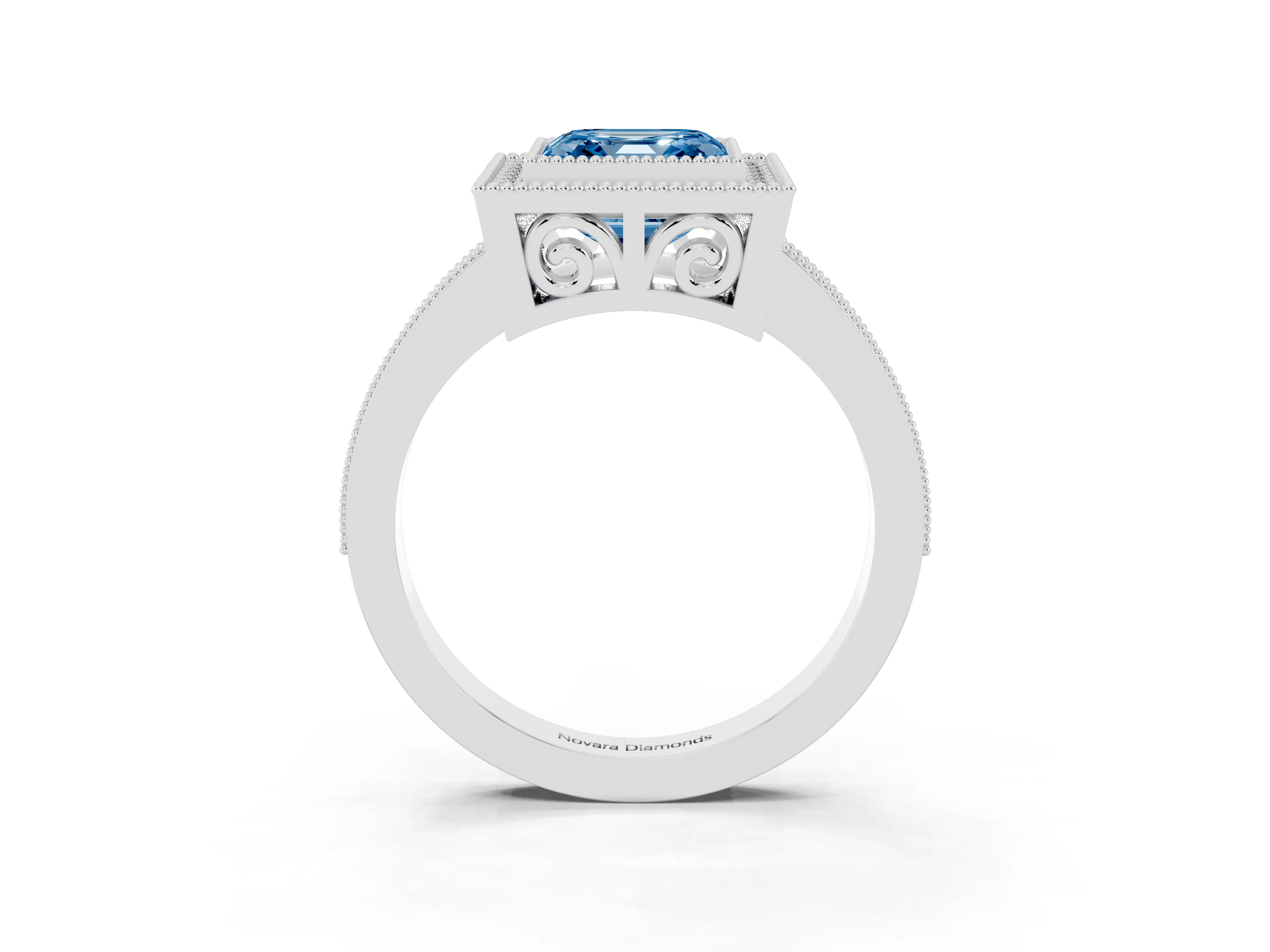 Fancy Blue Asscher Cut Diamond Round Halo Ring Set in Platinum with Pavé Band