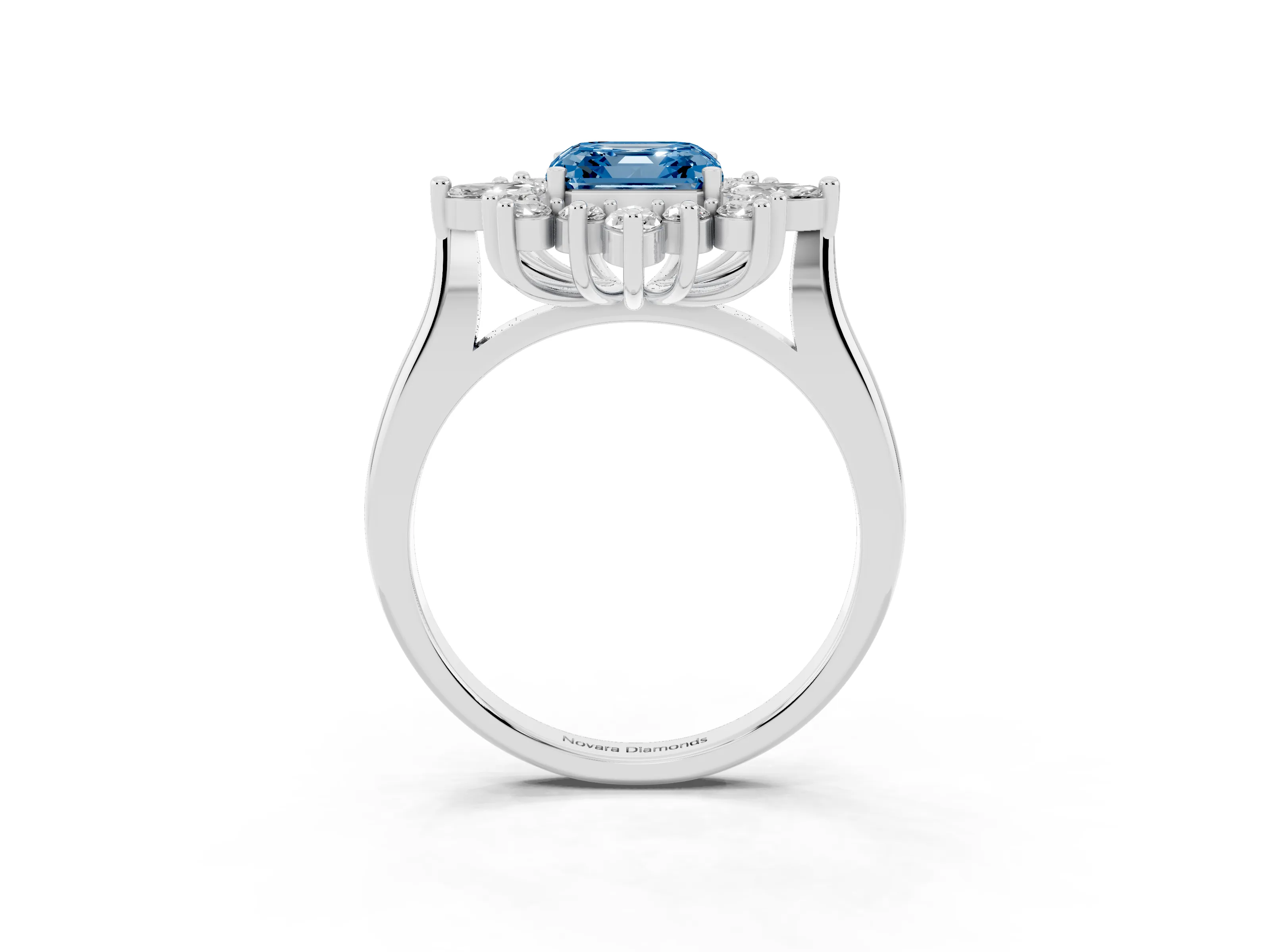 Fancy Blue Asscher Cut Diamond Cluster Halo Ring Set in Silver with Marquise and Round Accents
