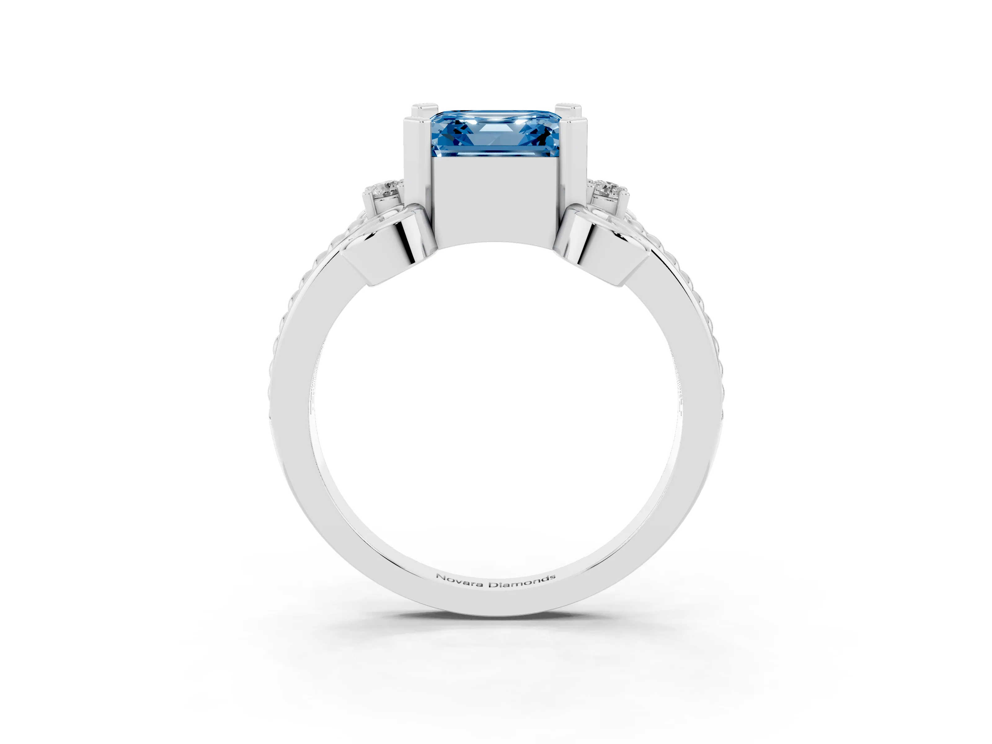 Fancy Blue Asscher Cut Diamond Twisted Band Solitaire Ring Set in White gold with Scroll Prongs