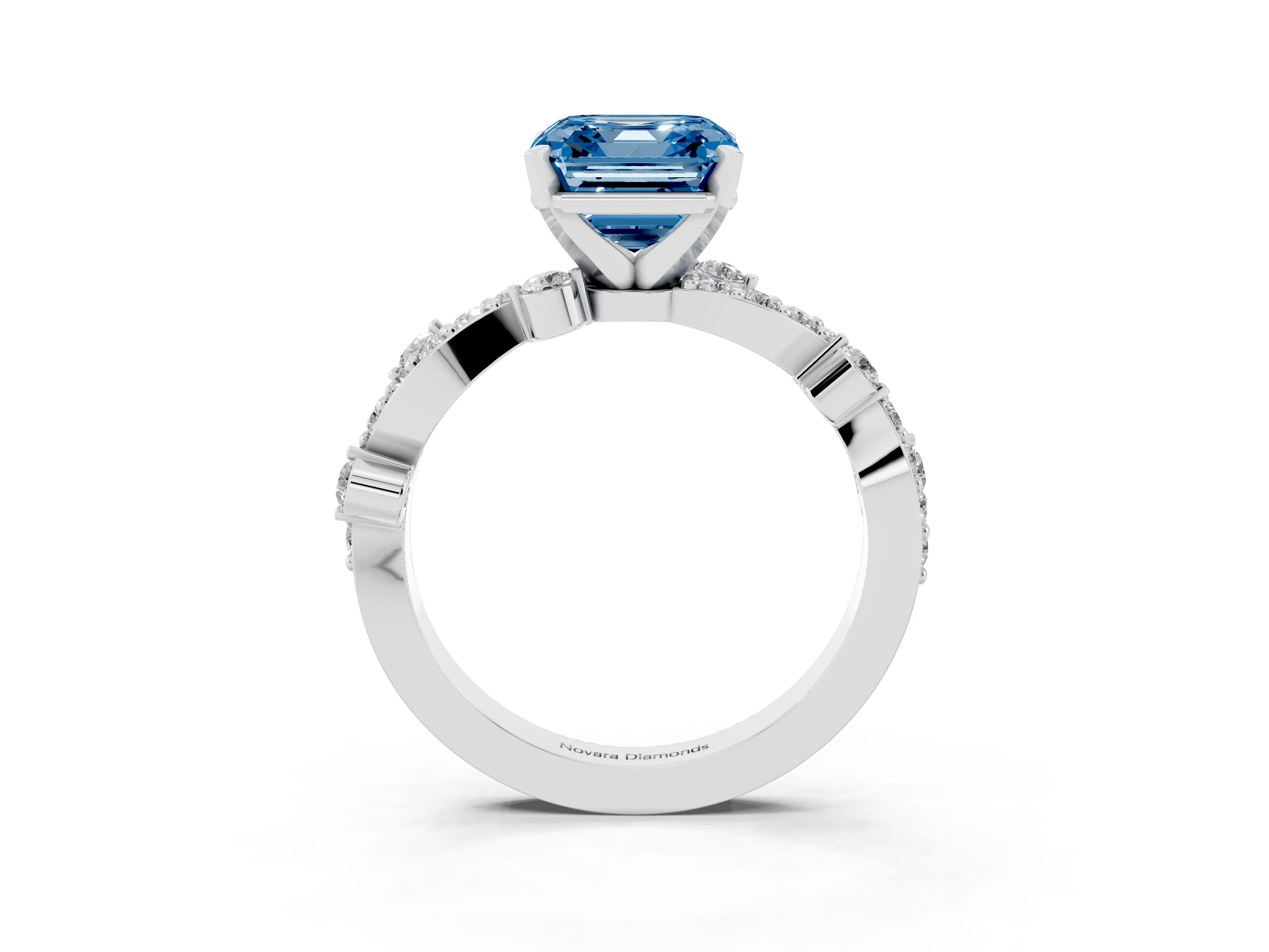 Fancy Blue Asscher Cut Diamond Solitaire Twisted Band Set in White gold with Pavé Setting