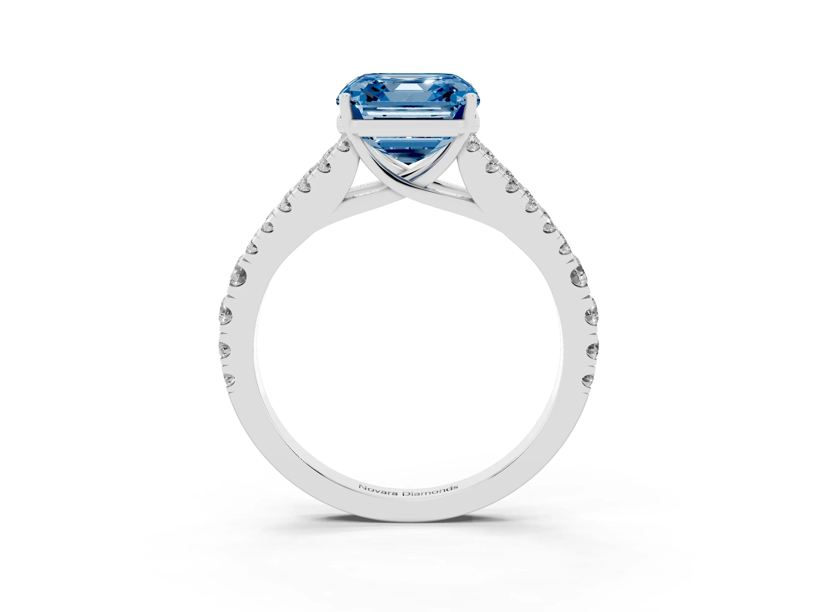 Fancy Blue Asscher Cut Diamond Split Shank Pavé Engagement Ring Set in Platinum with Prong-Held Center Stone