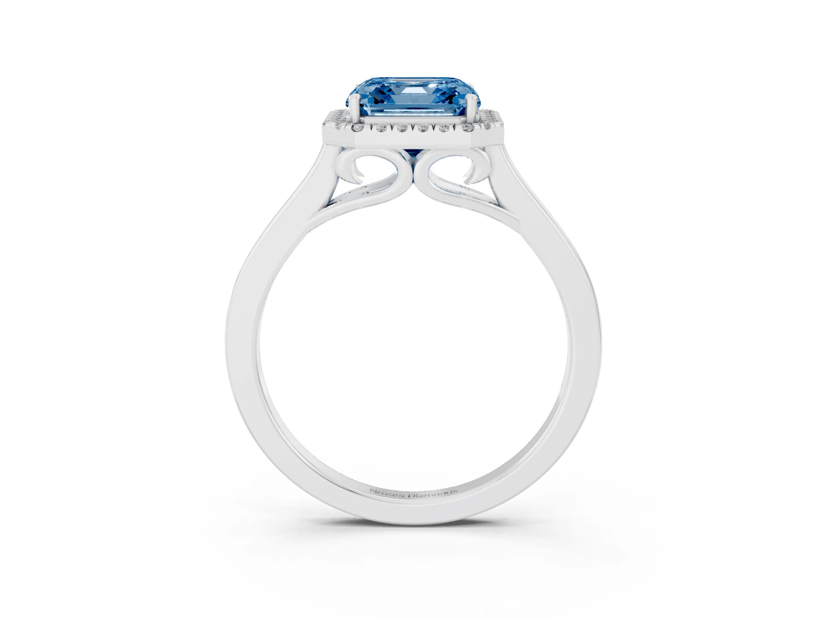 Fancy Blue Asscher Cut Halo Round Diamond Solitaire Ring Set in Platinum with Pavé Band and Prong Setting