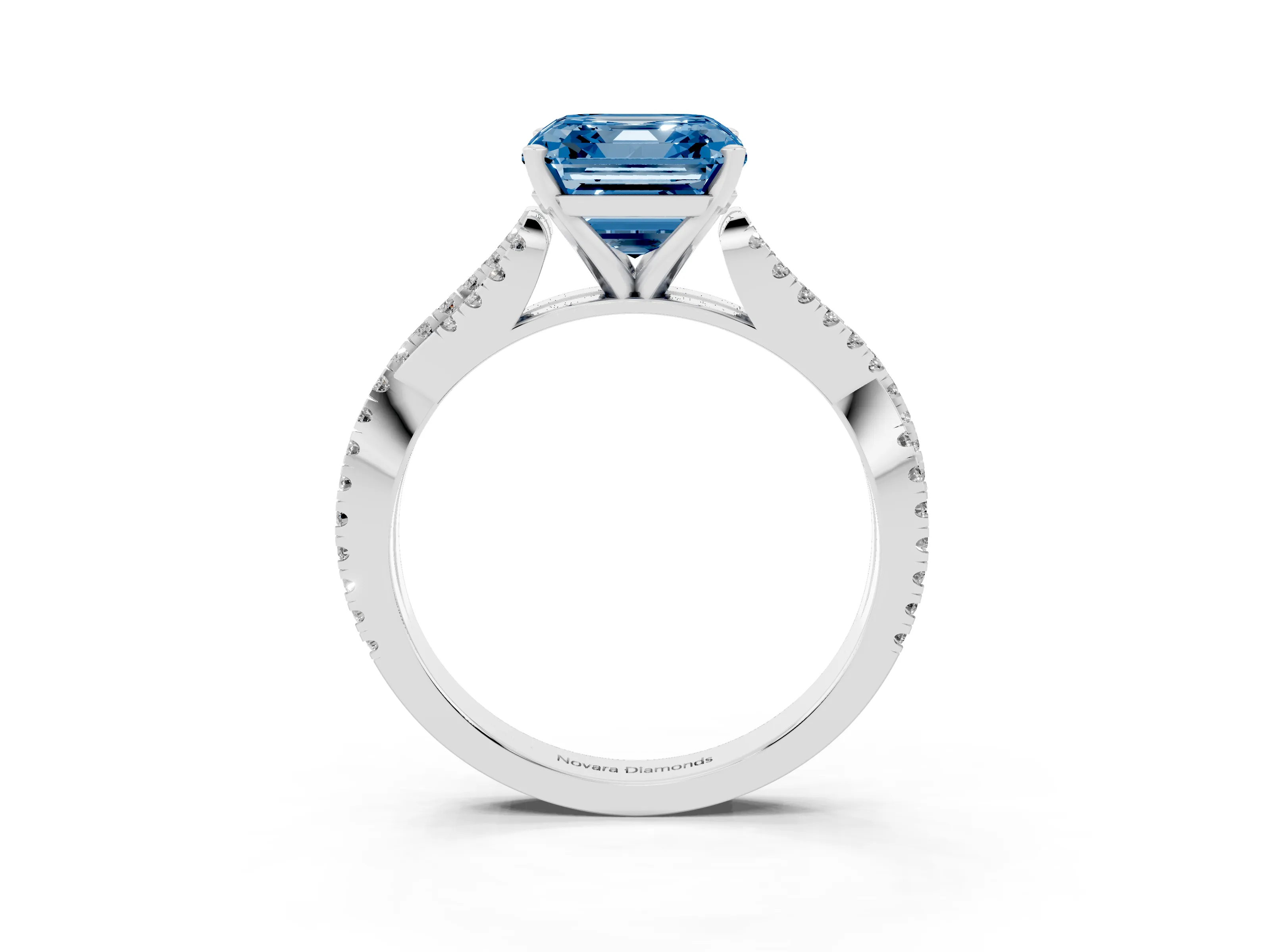 Fancy Blue Asscher Cut Diamond Solitaire Engagement Ring Set in White gold with Twisted Pavé Band and Prong Setting
