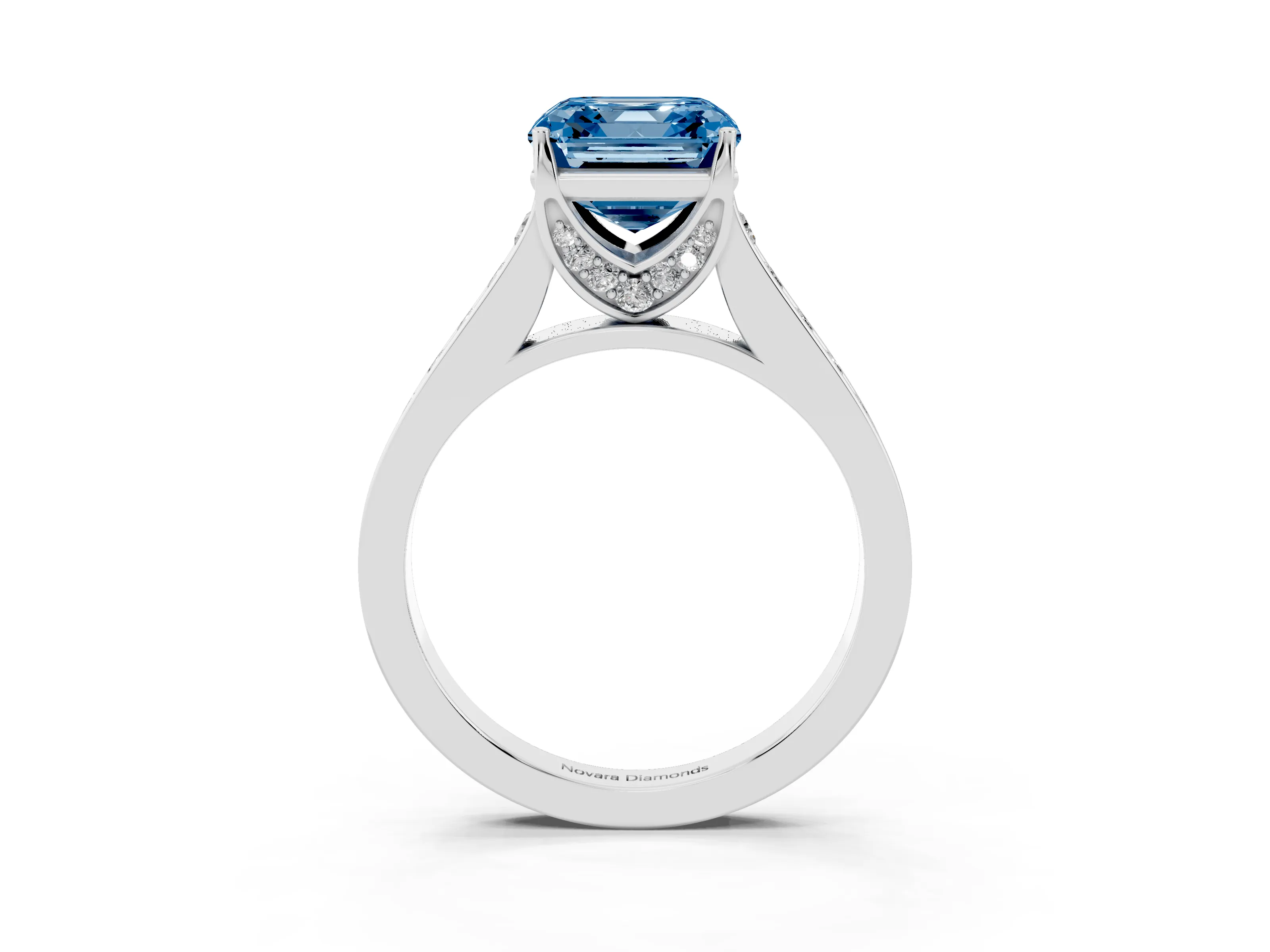 Fancy Blue Asscher Cut Diamond Solitaire Pavé Engagement Ring Set in White gold with Prong Setting