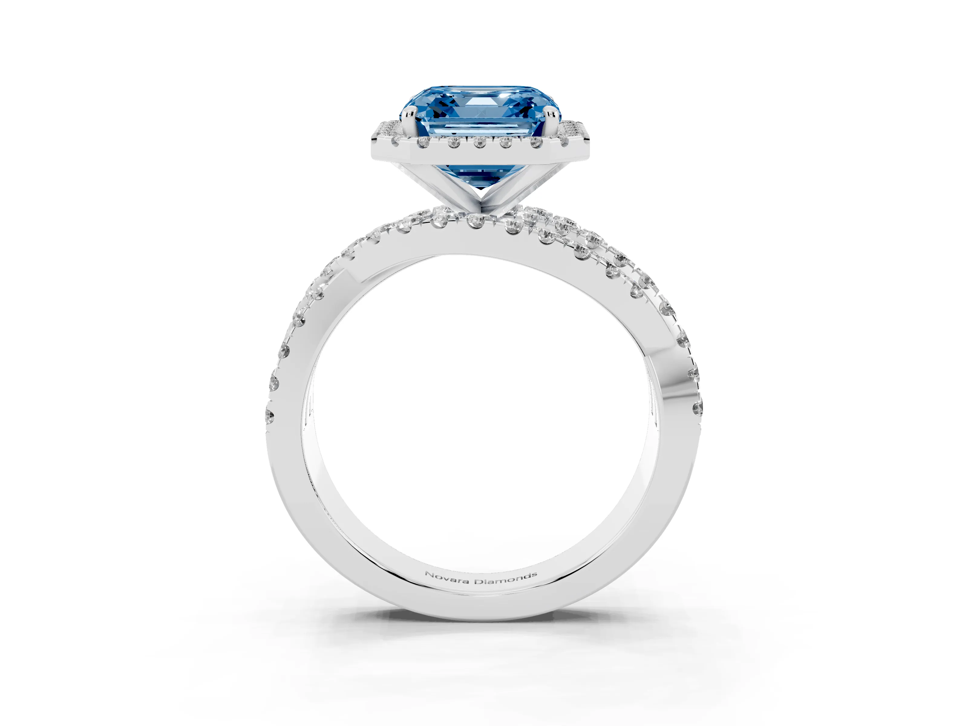 Fancy Blue Asscher Cut Diamond Halo Ring Set in White gold with Round Crossover Split Shank and Prong Setting