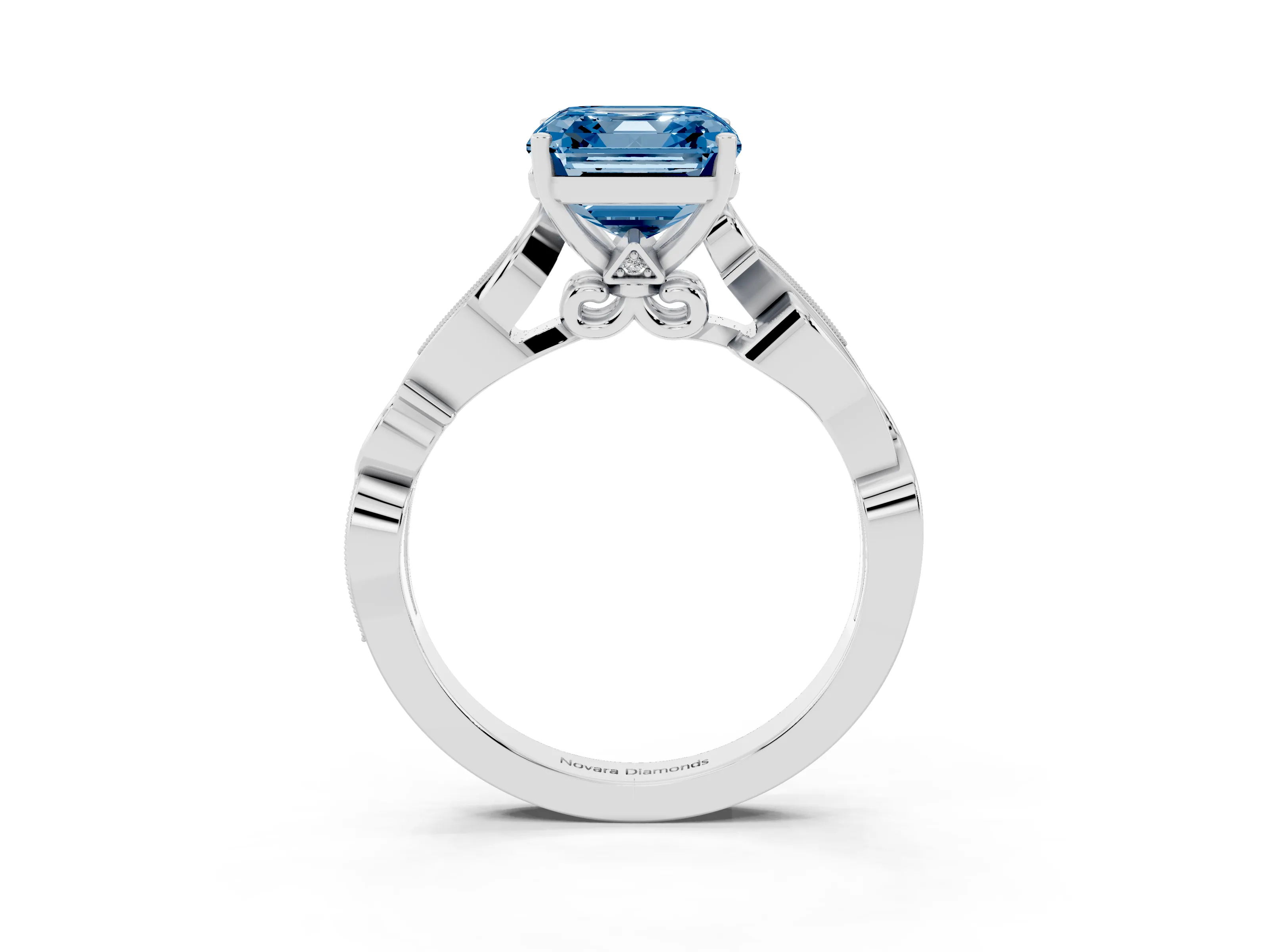 Fancy Blue Asscher Cut Diamond Vine Band Solitaire Ring Set in Platinum with Milgrain Prong Setting