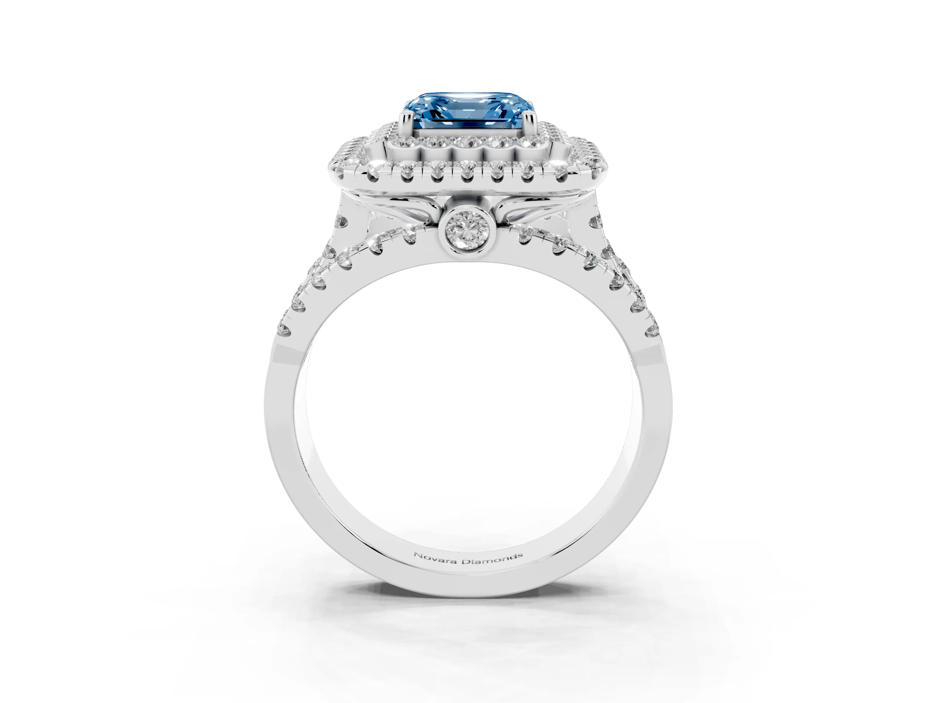 Fancy Blue Asscher Cut Diamond Double Halo Ring Set in White gold with Round Pavé Split Shank