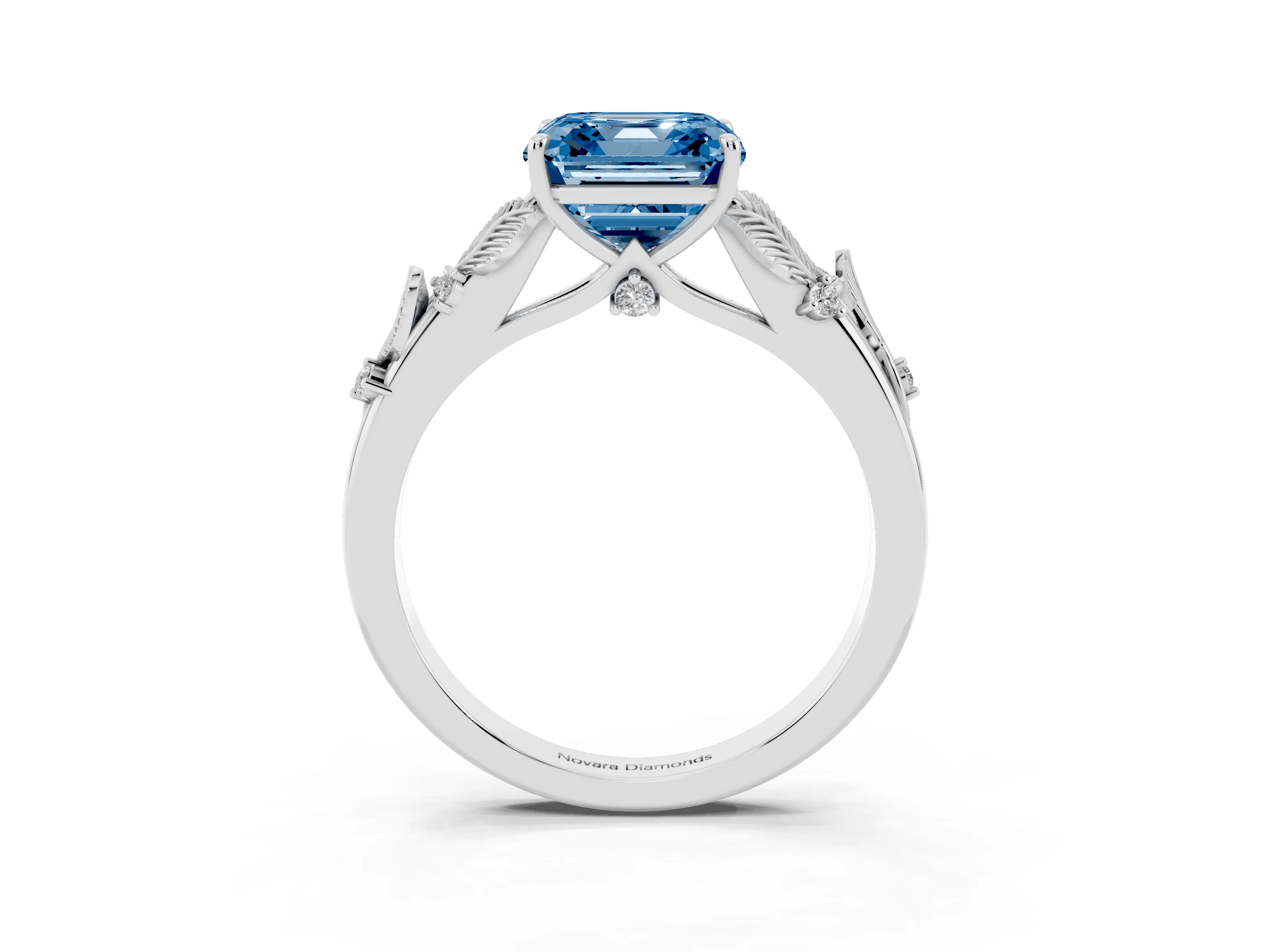 Fancy Blue Asscher Cut Diamond Solitaire Ring Set in White gold with Leaf Motif Band
